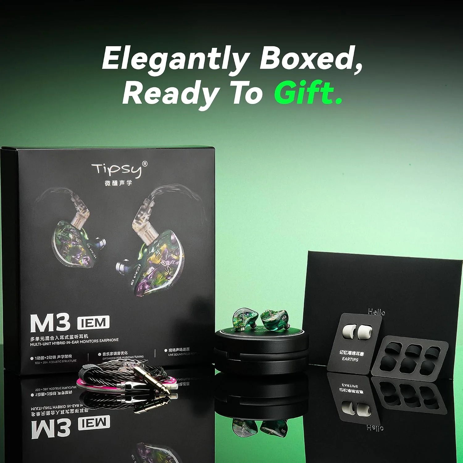 Tipsy M3 Professional IEM for Musicians, 2BA + 1DD Drivers, 36dB PNC, IPX5, Acoustic-Runway™ Technology, Skin-Friendly Resin, Detachable 0.78mm 2-pin Cable (No Mic, Green)