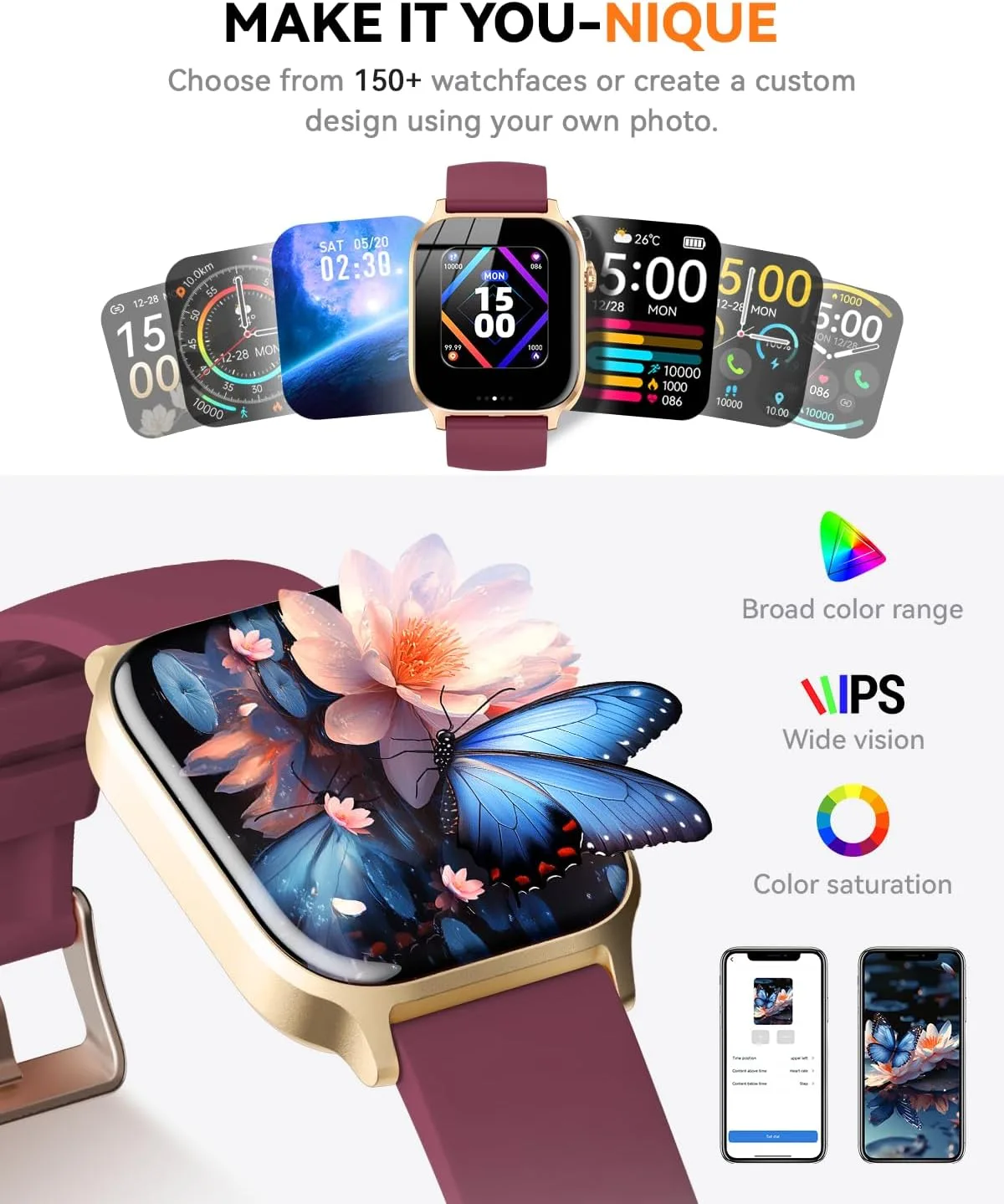 Smart Watches for Women Men, Fitness Tracker Watch with 110 Sports Modes, Step Counter/Sleep Monitor/Pedometer, IP68 Waterproof, Bluetooth Call & Music Control Smartwatch for iPhone/Android,Wine Red