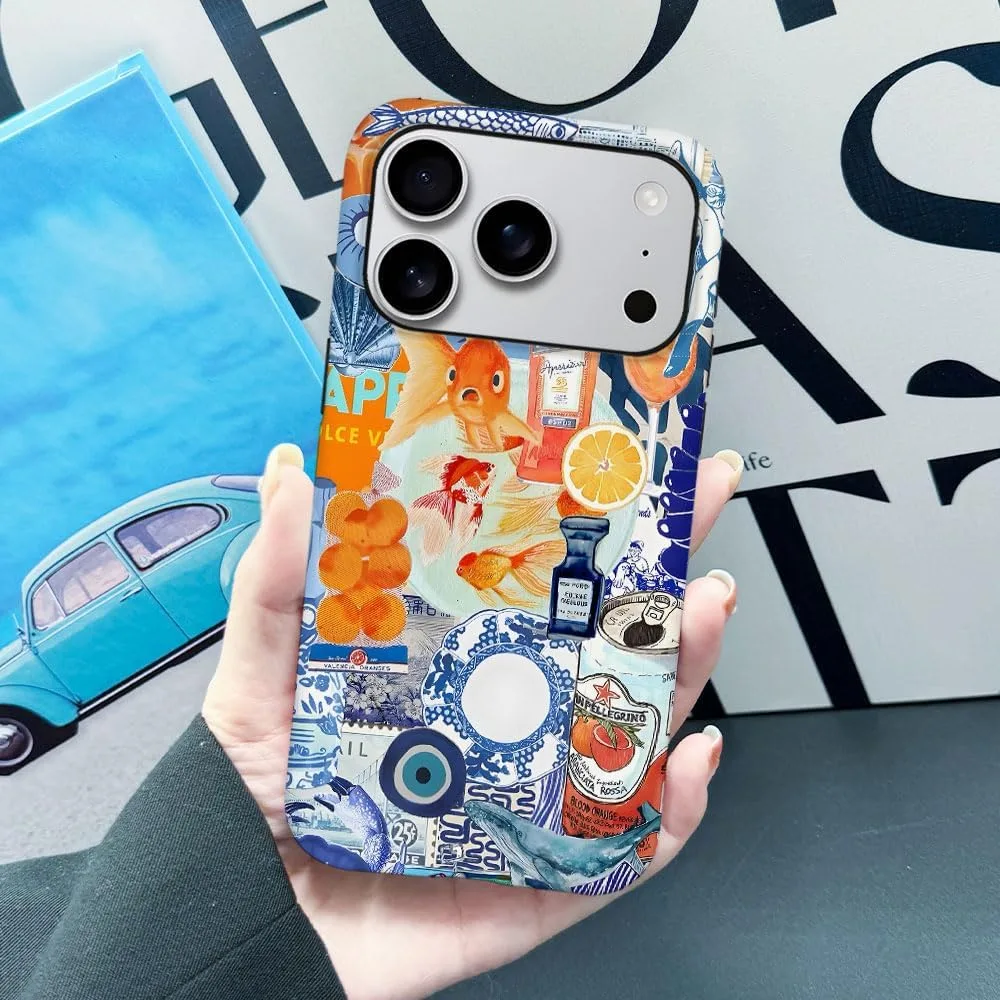 Case Compatible with iPhone 18 Pro/iPhone 17 Pro,Fall Prevention Hybrid 2-Layer Hard Shell Phone Cover for Girls Boys,Fish Orange Collage European