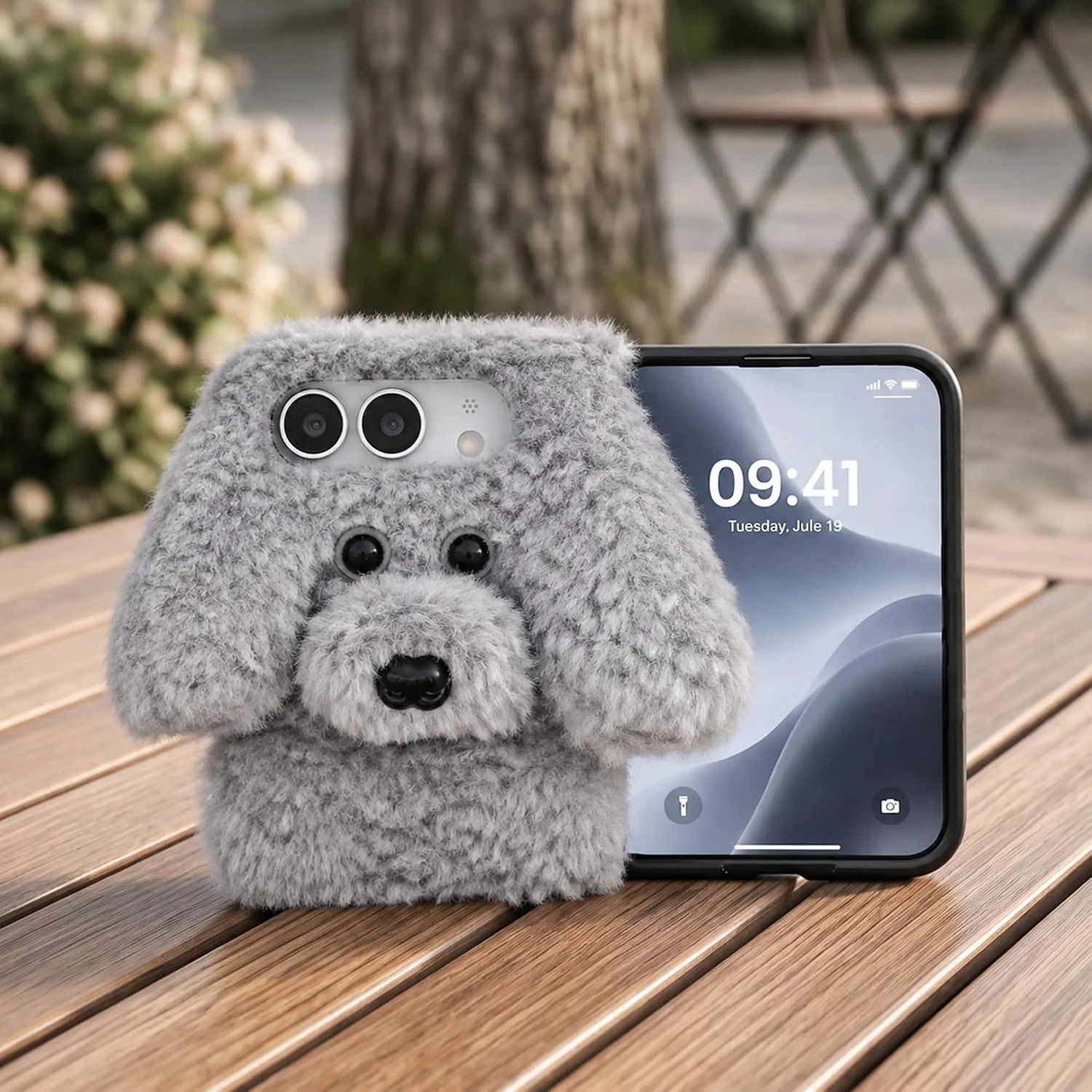 Losin for iPhone Duo Plush Furry Dog Cartoon Case, Gray