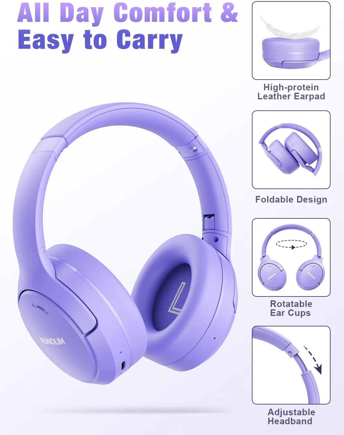 RUNOLIM Active Noise Cancelling Headphones, Wireless Bluetooth Over Ear