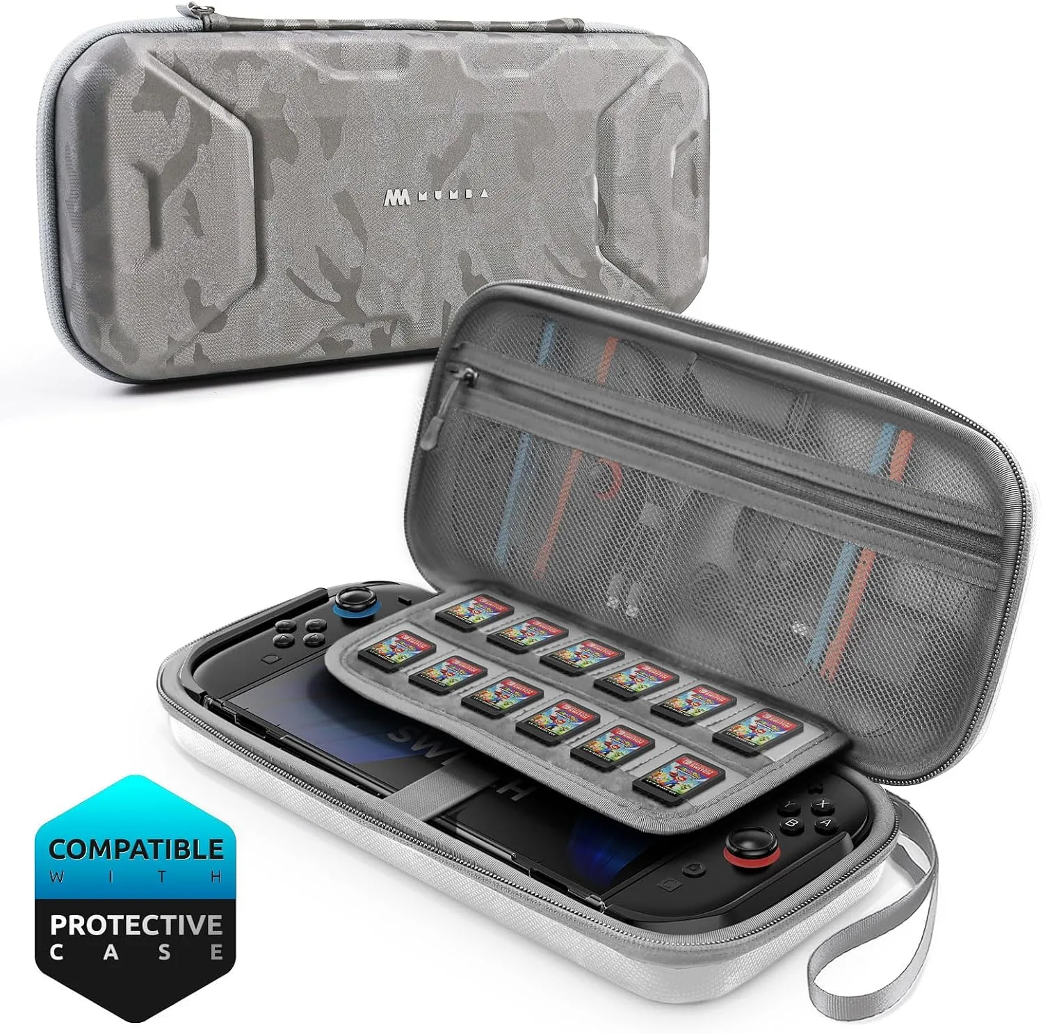 Mumba Carrying Case for Nintendo Switch 2 [Fits Console with Protective Case On][2025 Plus Version] Hard Shell Travel Handbag Pouch with 12 Game Card Slots, Large Capacity for Accessories (CamoGray)