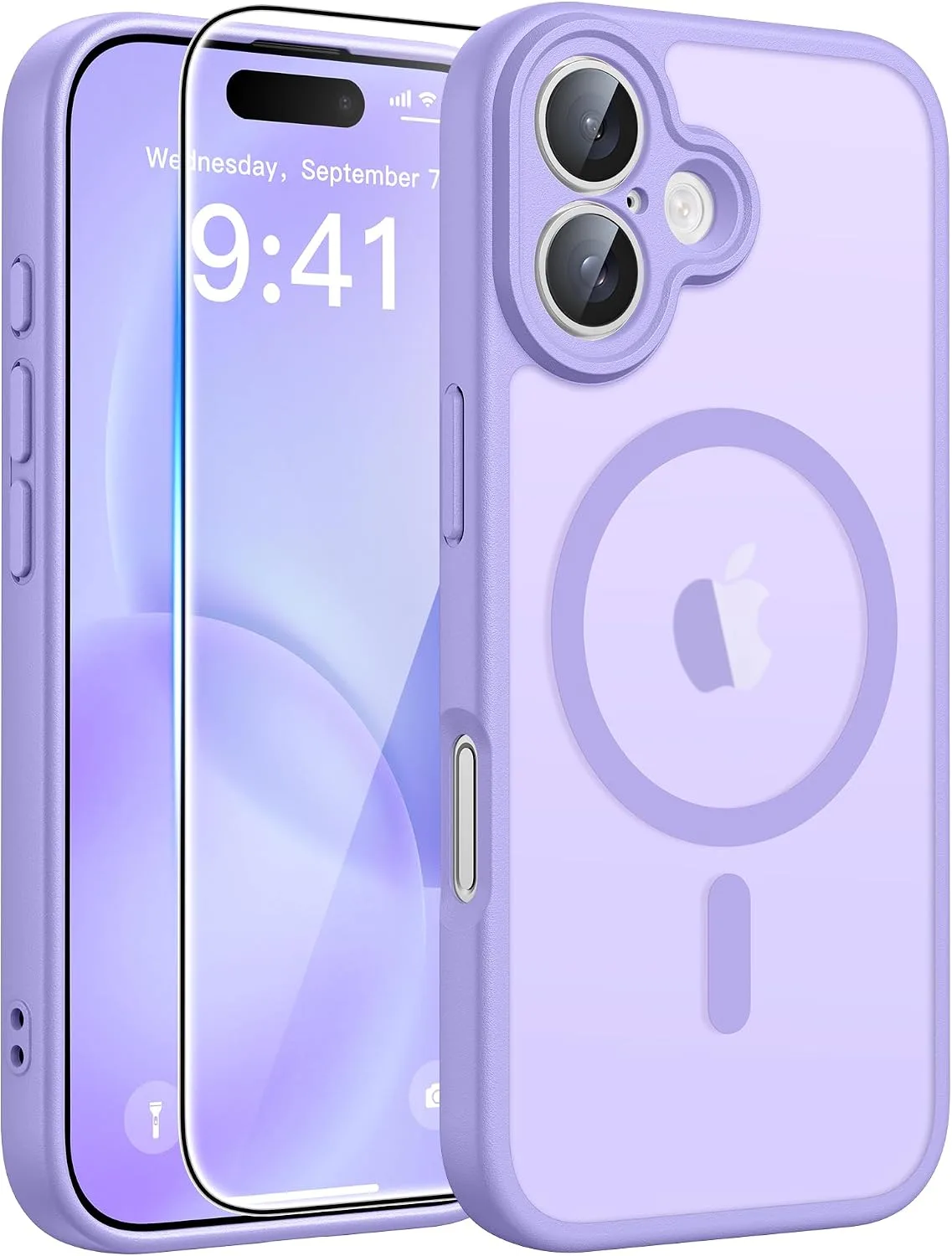 Carcasa Fntcase para iPhone 16 6.1 pulg con protector de pantalla color lila claro