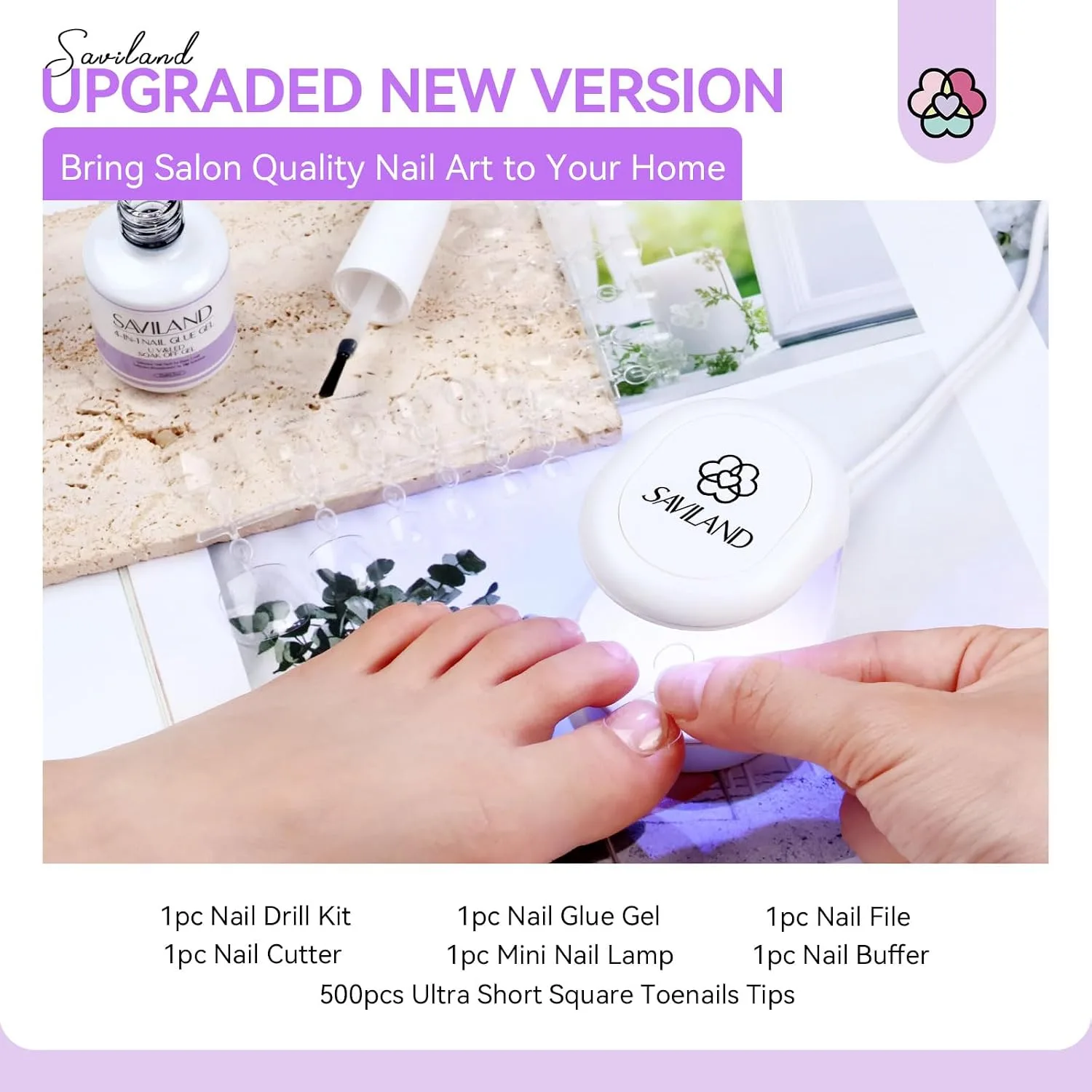 SAVILAND Toe Nail Tips Kit with Glue Gel, 500 PCS, Nail Drill and U V Lamp