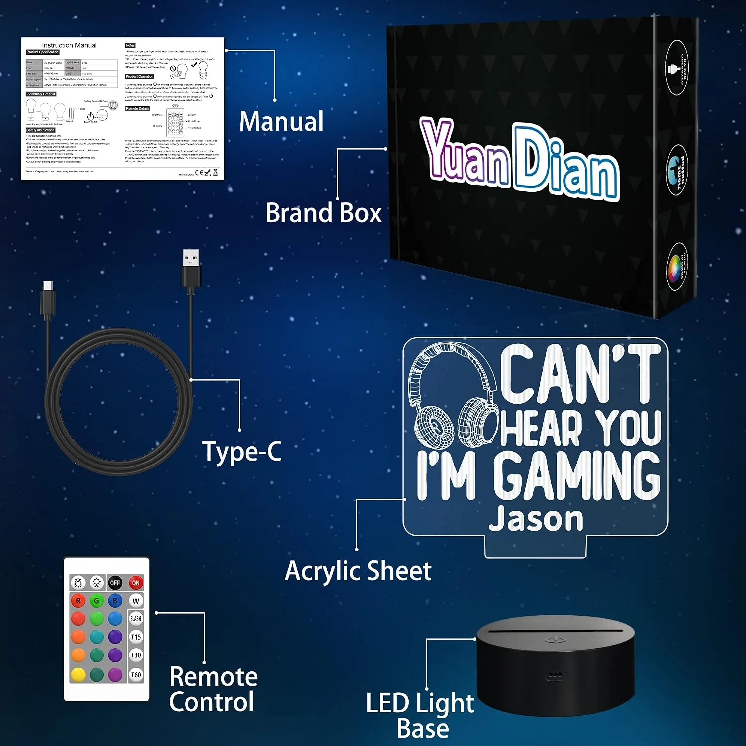 YuanDian Personalised Gamer Gifts, Can't Hear You I'm Gaming Night Light, Headset Graphic Video Games Funny 3D Illusion Lamp 16 Colors Changing Touch & Remote Control for Men Teenagers and Kids