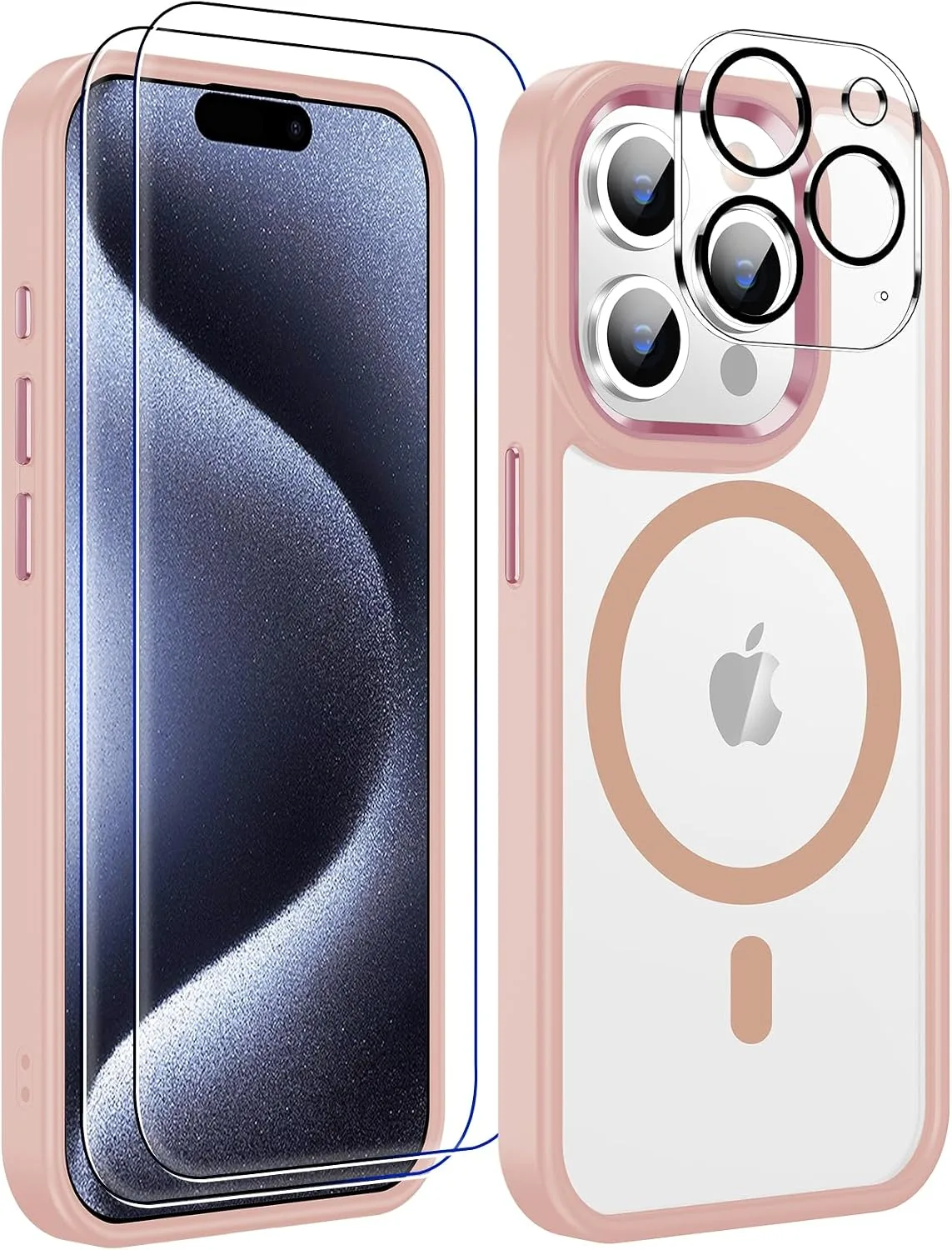 Temdan for iPhone 15 Pro Case with Screen Protector Clear Pink