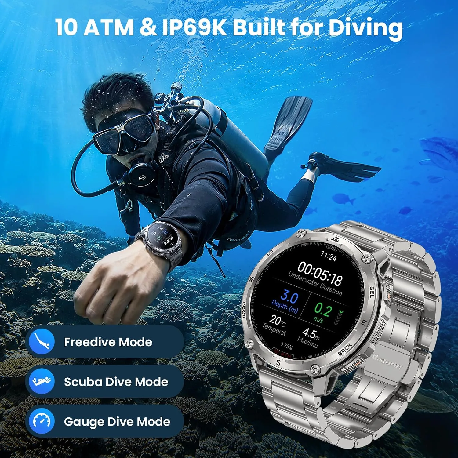 KOSPET Tank T4 Special Edition Smart Watch with Dual-Band GPS, Offline Maps