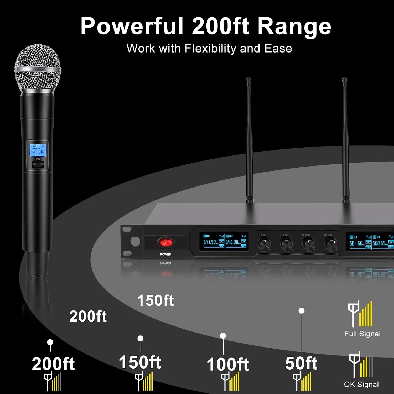 innopow 4-Channel Wireless Microphone System, Quad UHF Metal Cordless Mic, 4 Handheld Mics, Long Distance150-200Ft, Fixed Frequency, 16 Hours Use for Karaoke Singing, Church