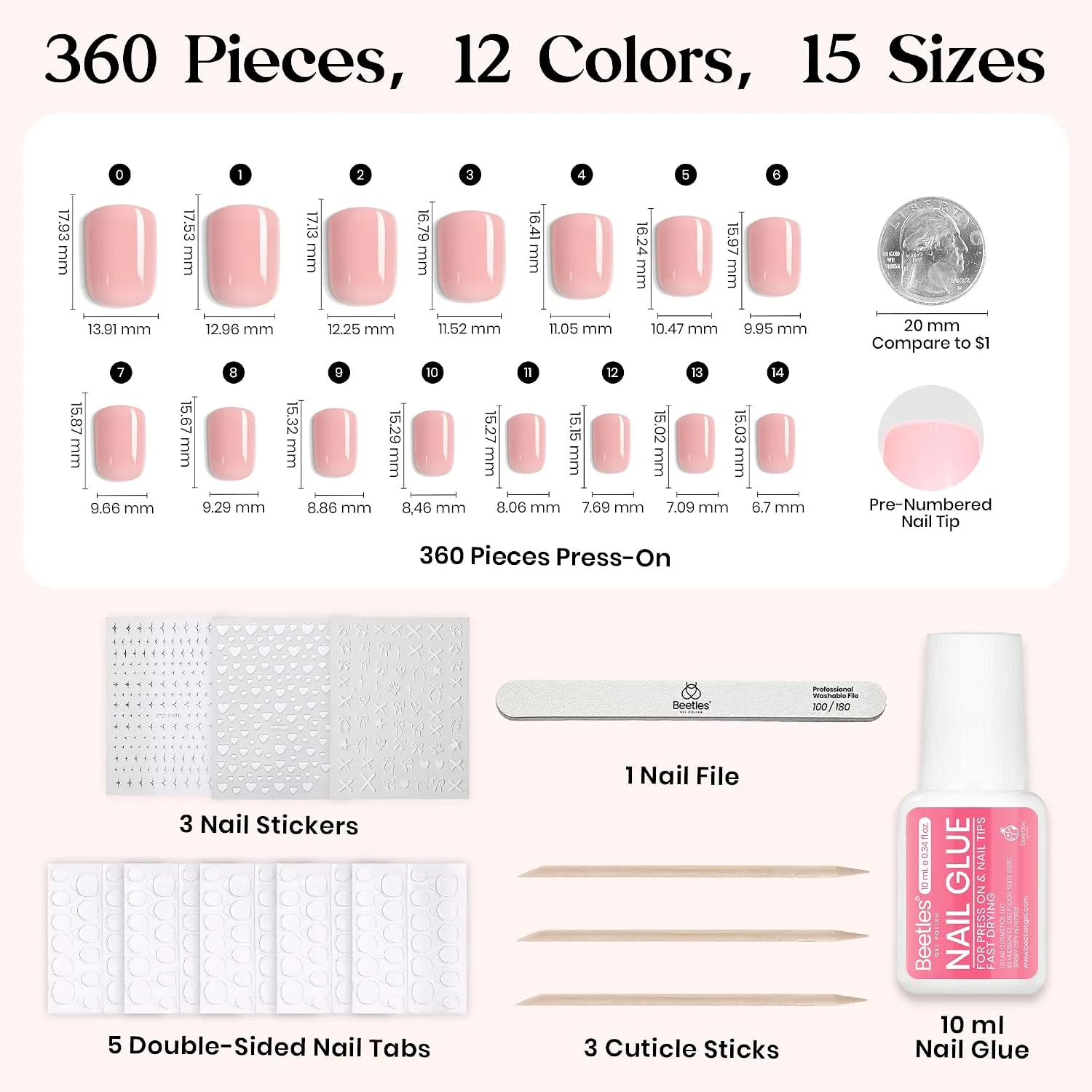 Beetles Press On Nails Kit - Caramel Drift, 360Pcs 12 Colors Short Square