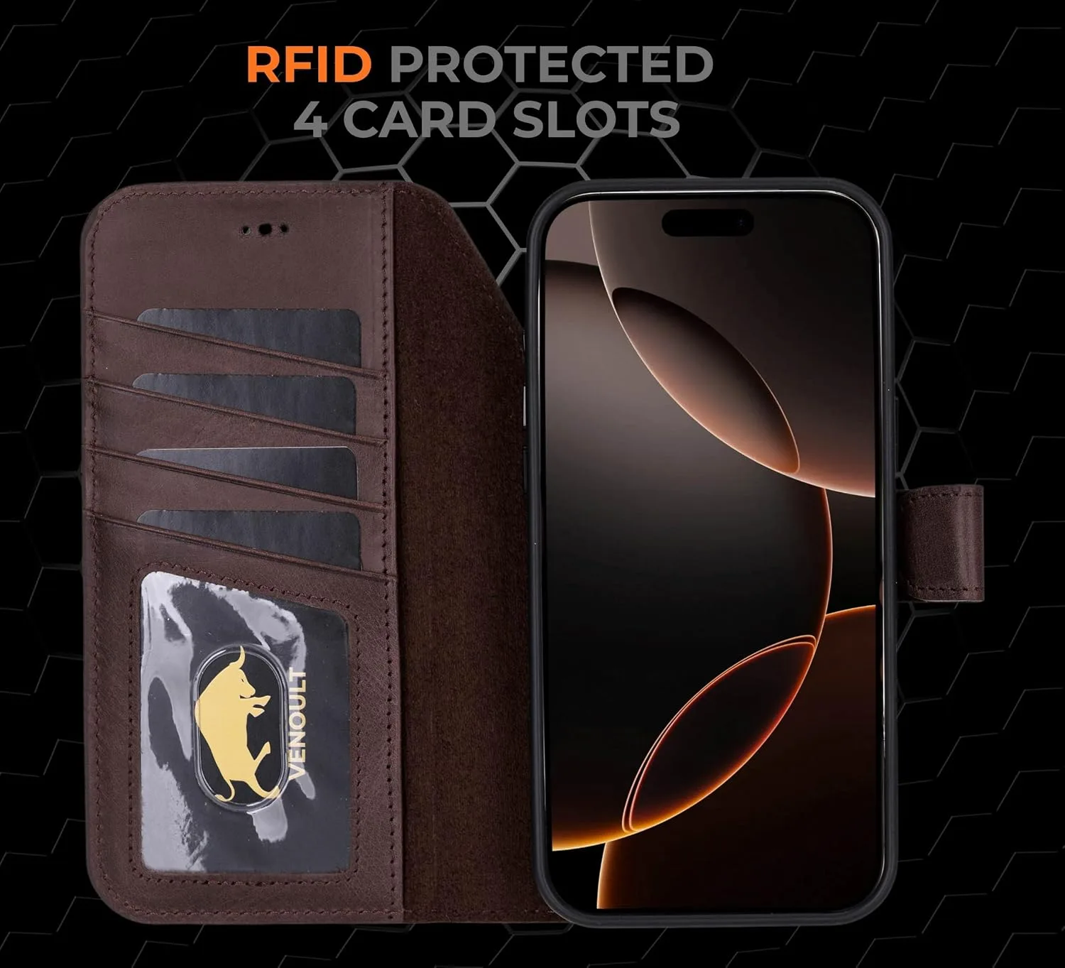 VENOULT Wallet Case for iPhone, Full Grain Genuine Turkish Leather, Magnetic Detachable, RFID 4 Card Slots, Business Style, Compatible with MagSafe (Chocolate, iPhone 17 Pro MAX)