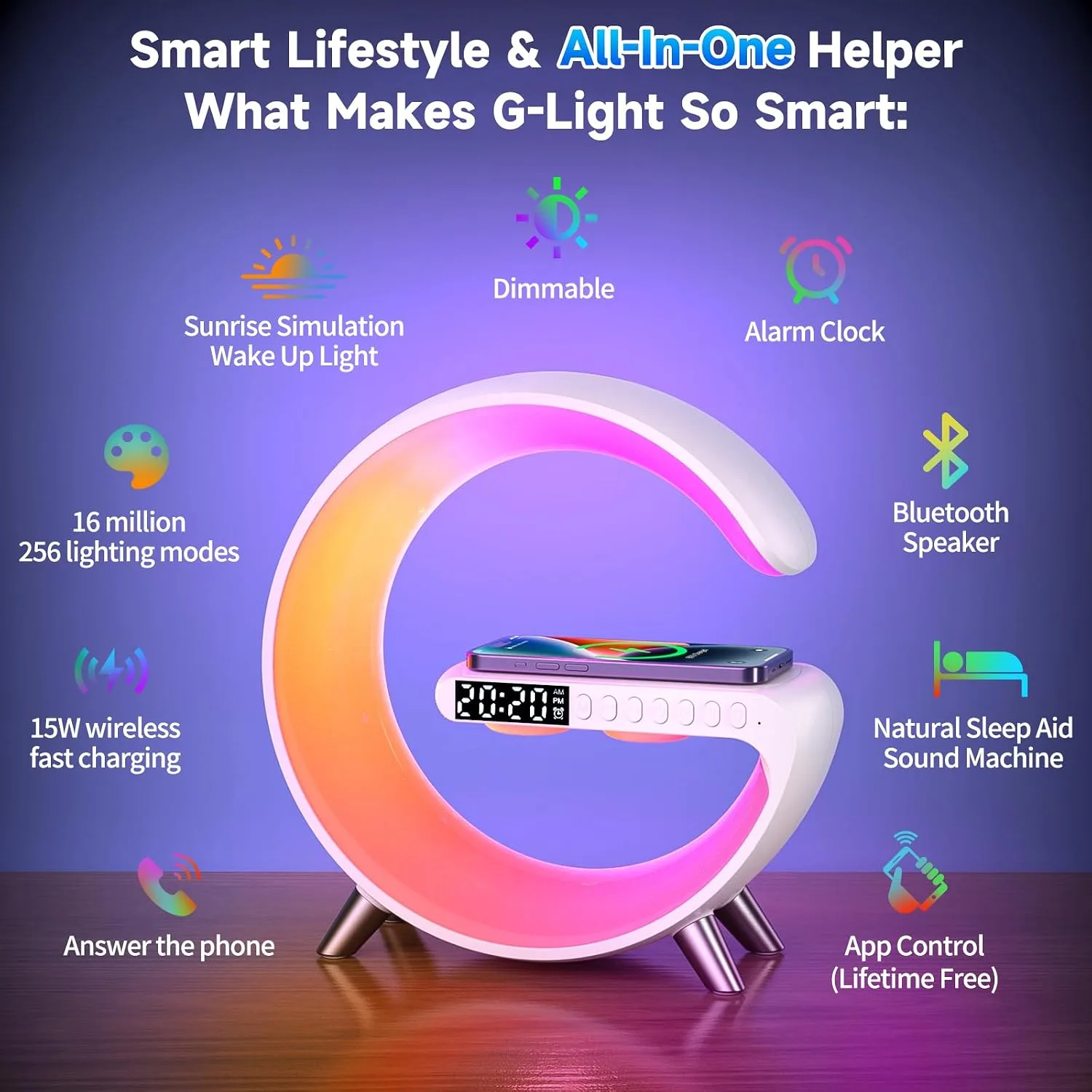 Smart LED Table Lamp, 4 in 1 RGB Night Light, Alarm Clock, Wireless Charger, Bluetooth Speaker with App Control, G-Shape Bedside Atmosphere Lamp for Bedroom Office Home Decor, Teen Girls Boys Gifts