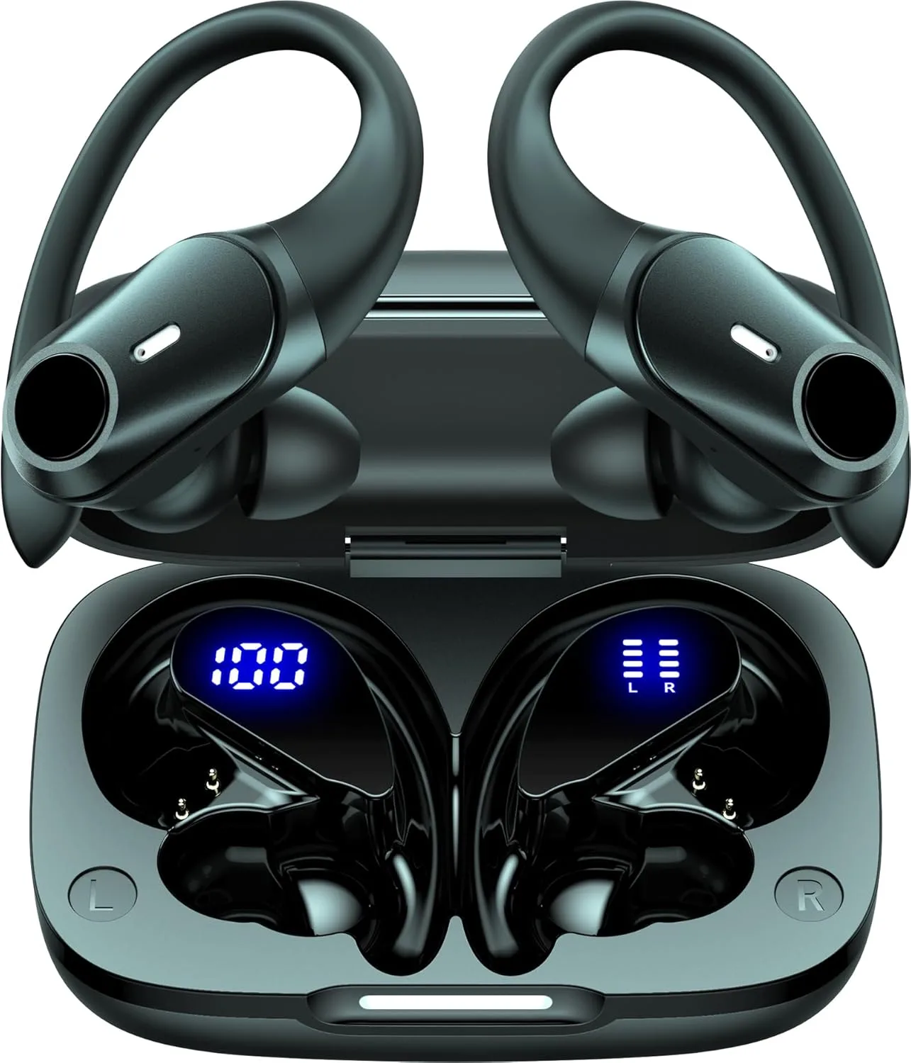 Active Noise Cancelling Ear Buds Wireless Bluetooth Headphones 80H Playtime Display Charging Case 50dB ANC Over Ear Hooks Earbuds with Hi-Res Sound Clear Calls for Sports Running AI Translation Black