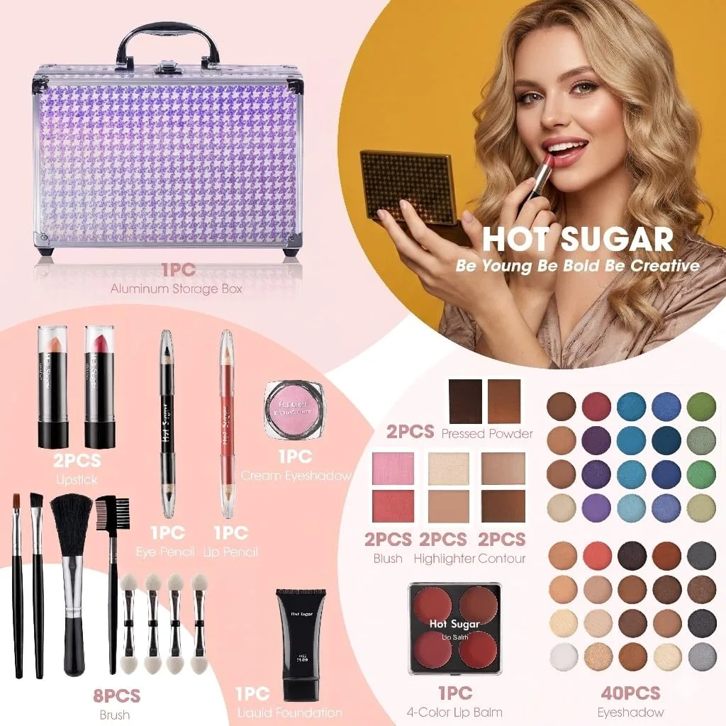 Hot Sugar Makeup Kit with Train Case for Teens and Women (Purple)