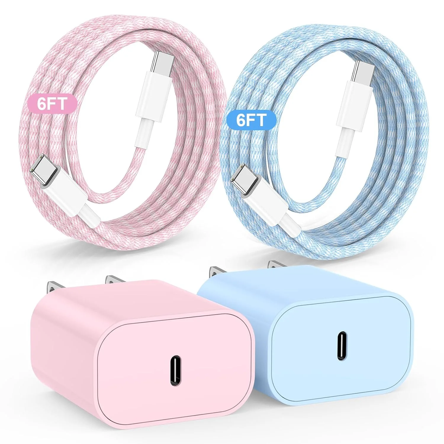 20W USB C Fast Charging for iPhone 17 Air/16/15 Pro Max,2Pack Colorful Mixed Charger Block with Braided Long USB C to C Cables (6/6ft) Compatible with iPhone16/15 Pro/15 Plus/iPad Pro