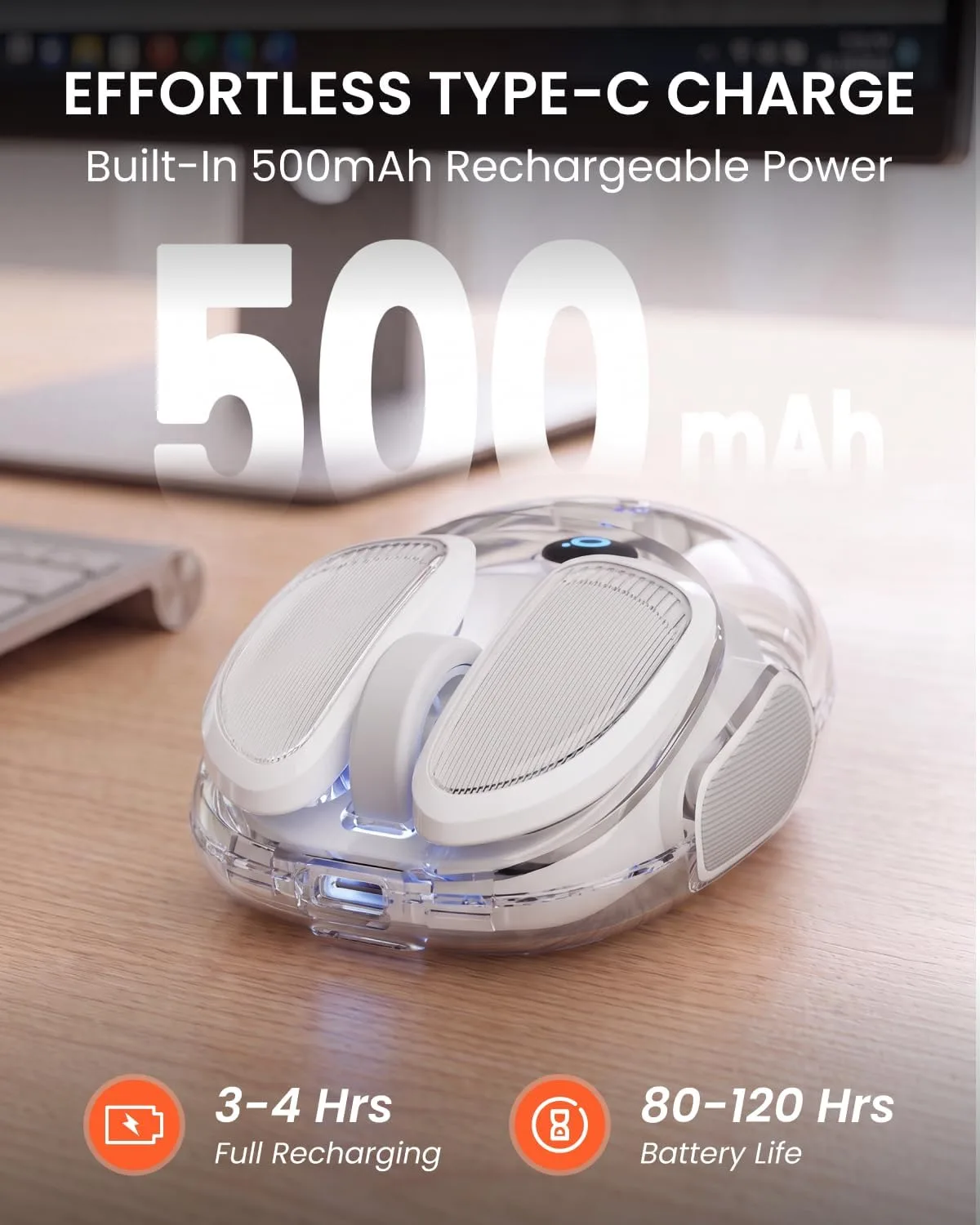 Wireless Bluetooth Mouse, Rechargeable, Clear, Silent Click for Small Hand