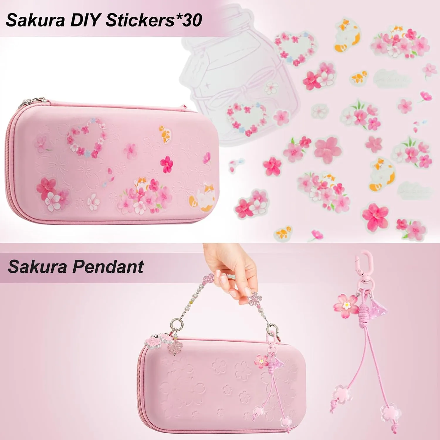 VirgoCCY Pink Carrying Case Set for Switch 2 2025, with Silicone j-con Covers, Thumb Grip Caps, Screen Protector, Sakura Hand Strap and stickers for Girls Women