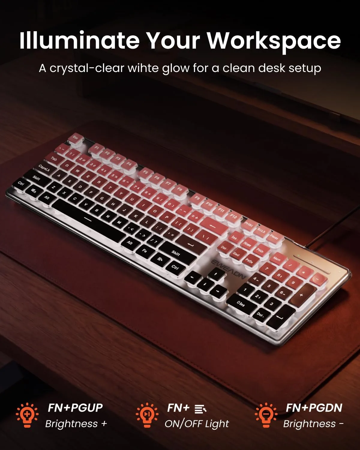 Wired Keyboard with White Backlit, Never Fade, Soft Click, Black Ombré