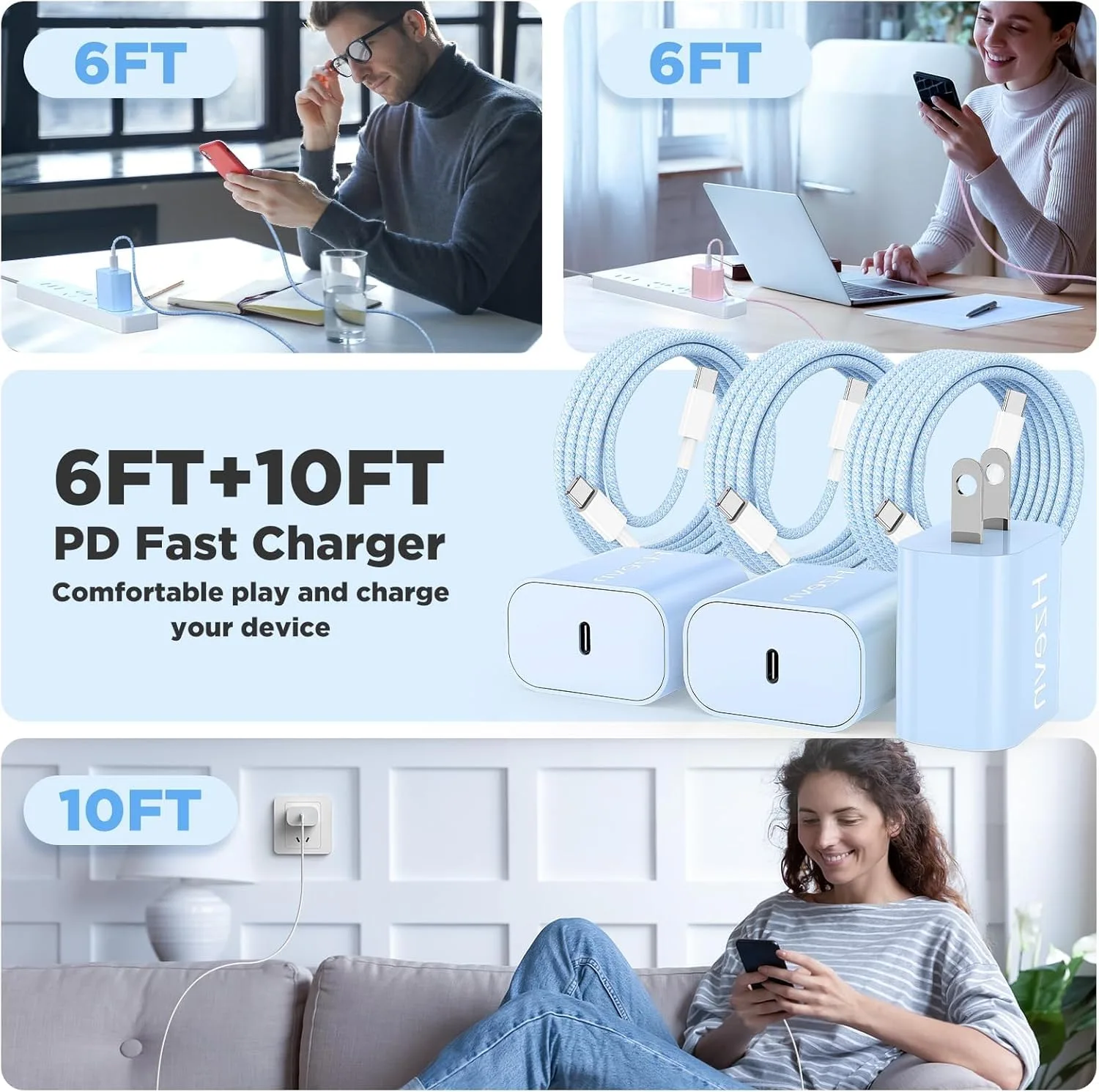 20W USB C Fast Charging for iPhone 17 Air/16/15 Pro Max,2Pack Colorful Mixed Charger Block with Braided Long USB C to C Cables (6/6ft) Compatible with iPhone16/15 Pro/15 Plus/iPad Pro