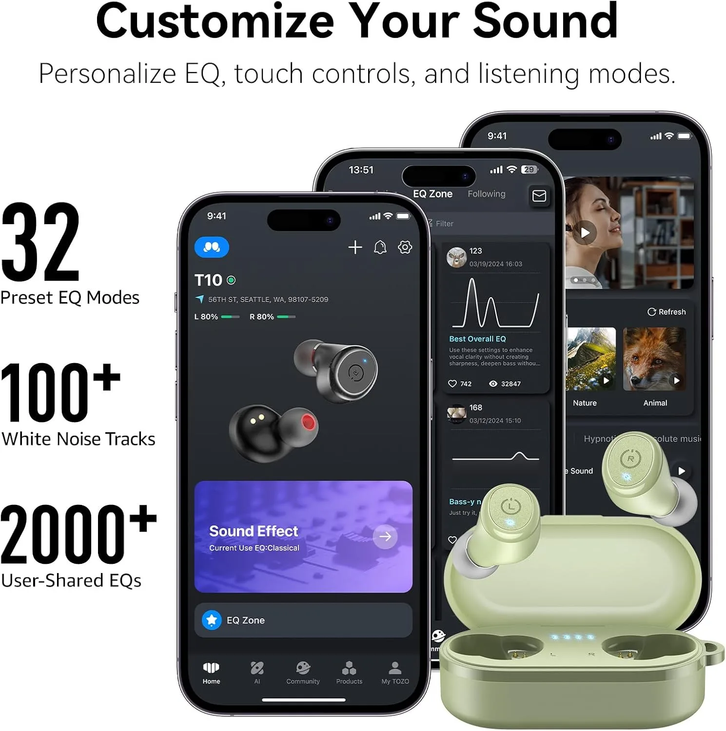 TOZO T10 Wireless Earbuds Powerful Bass Stereo Wireless Charging, APP, IPX8