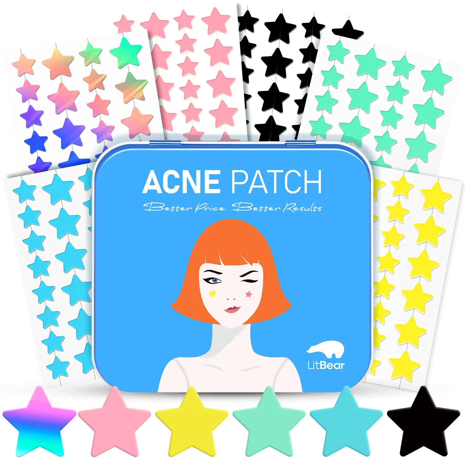LitBear Star Pimple Patches, 6 Colors 168 Dots Acne Pimple Patch with Case & Tea Tree Oil, Hydrocolloid Acne Patches for Face Cute Zit Patches Pimple Stickers Acne Dots