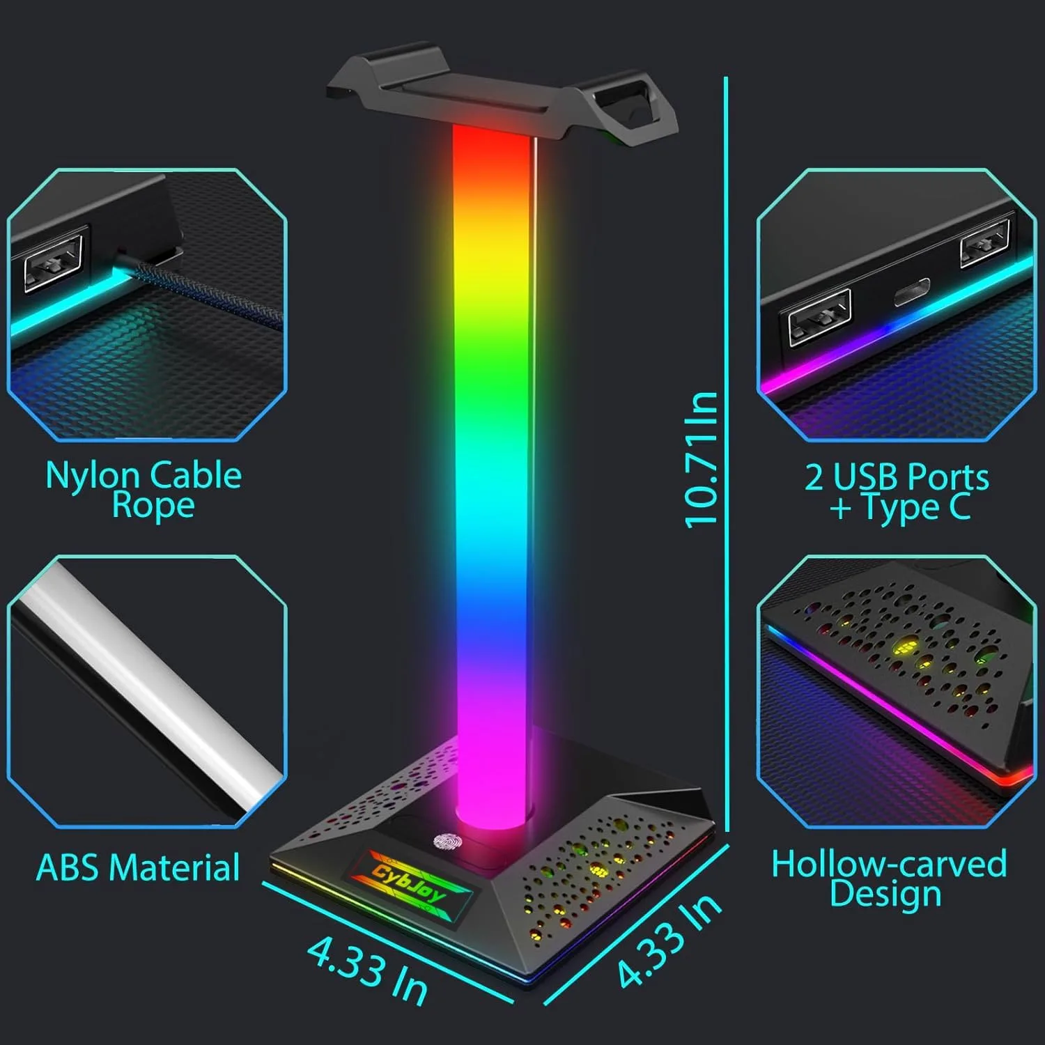 Gaming Headphone Stand PC Accessories - RGB Headset Stand with 2 USB and 1 Type-C Ports, LED Headphone Stand Gift for Boys Men, Computer Game Accessories for Desk