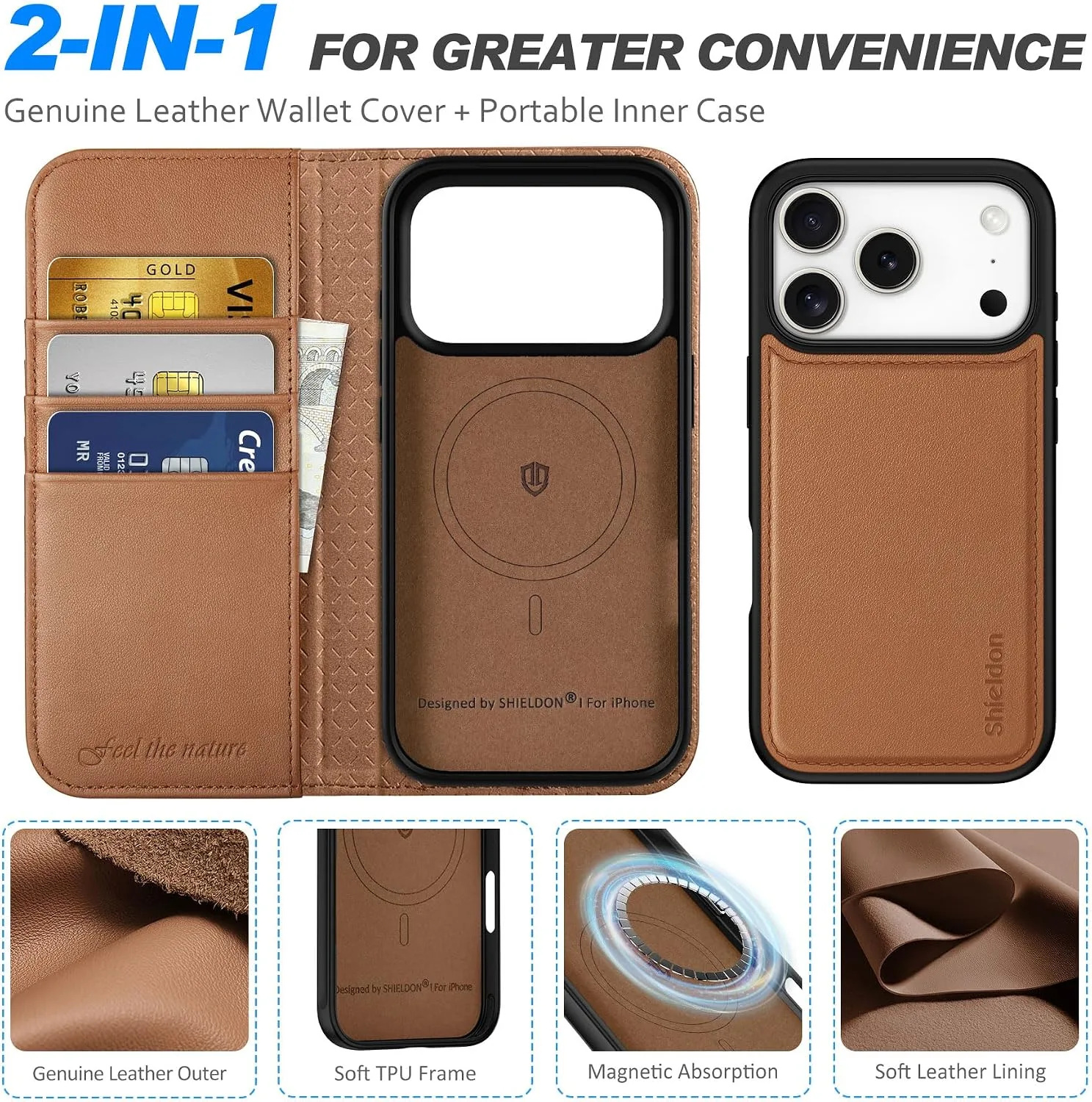 SHIELDON 2 in 1 Leather Case Wallet for iPhone 18 Pro/17 Pro, Saddle Brown