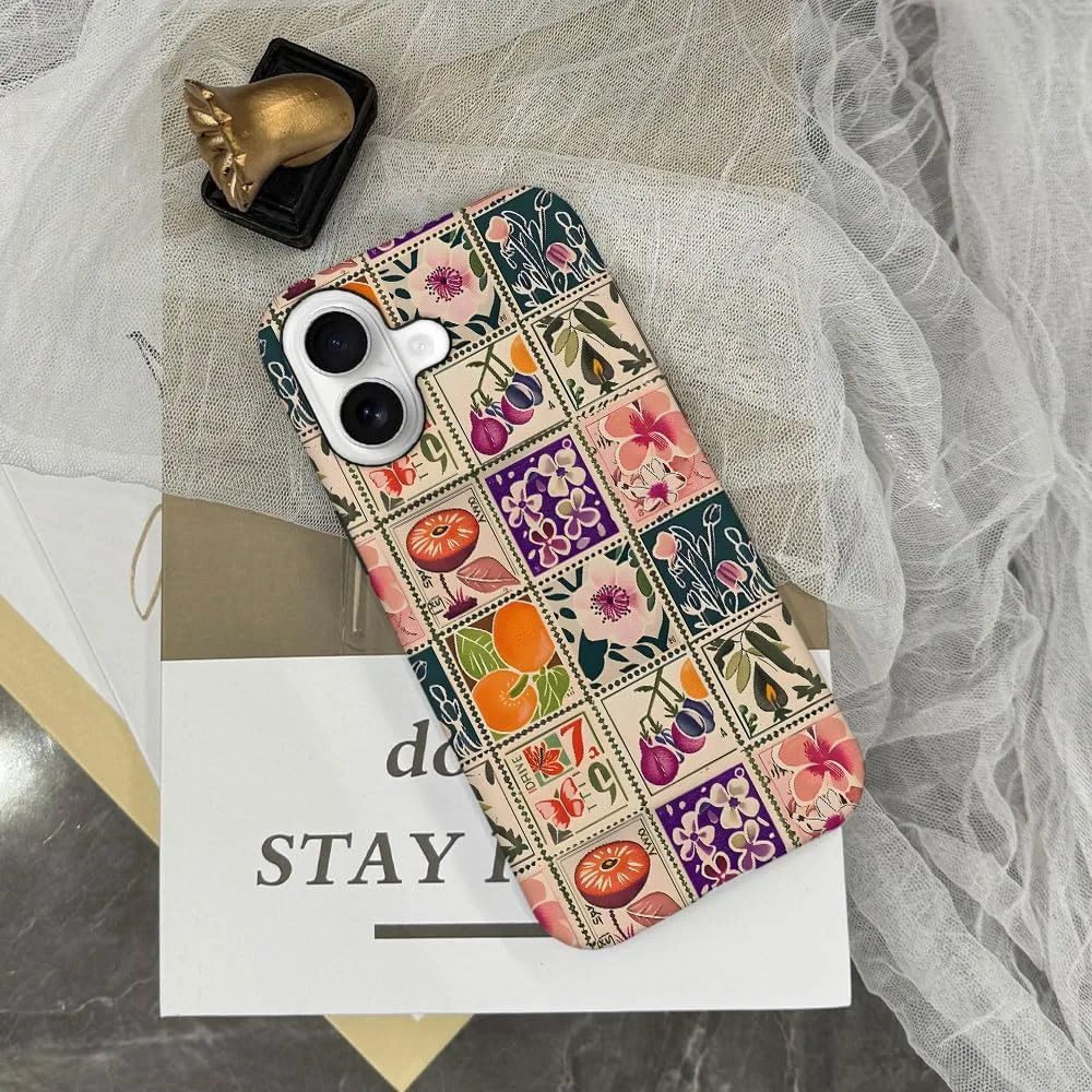 Case Compatible with iPhone 17,Fall Prevention Hybrid 2-Layer Hard Shell Phone Cover for Girls Boys,Vintage Flower Orange Stamp Collage