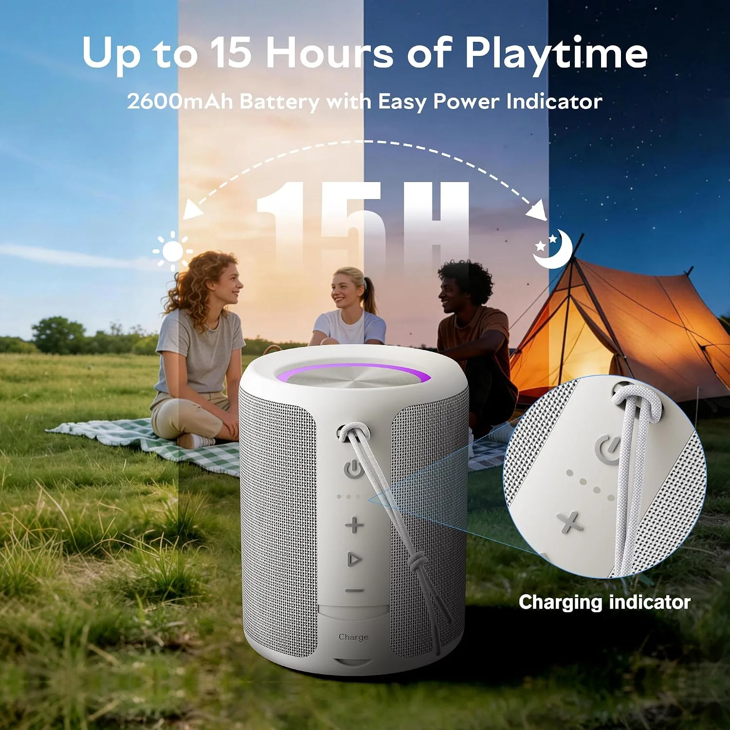 Portable Bluetooth Speaker, IPX7 Waterproof Wireless Speaker with 20W Loud Stereo Sound, 15H Playtime & Beat-Synced RGB Light, Small Outdoor Speaker for Shower, Pool, Beach,Hiking,Gifts(Gray)