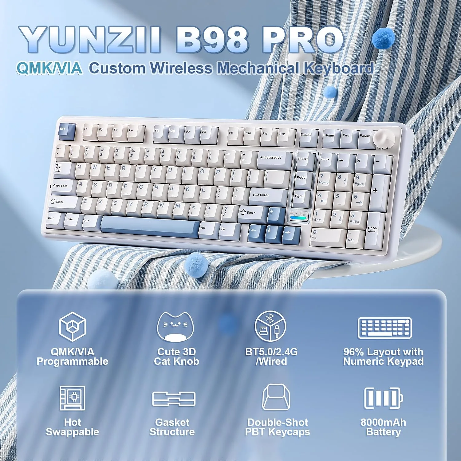 YUNZII B98 PRO 96% Wireless Mechanical Keyboard(Blue, Candy Switch)