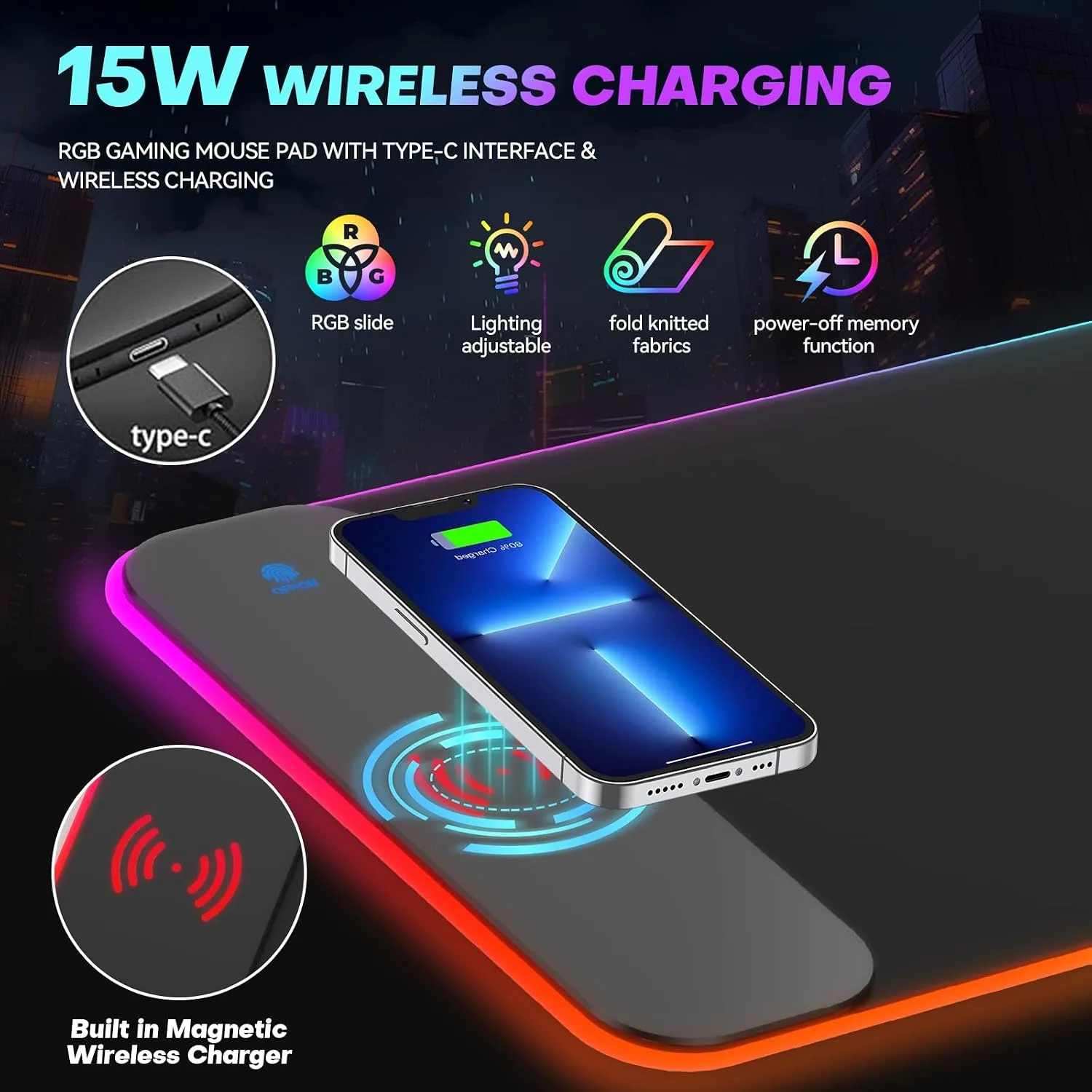 TIDALSOIL RGB Gaming Mouse Pad, 15W Wireless Charger Desk Mat 27.6x11.8 in