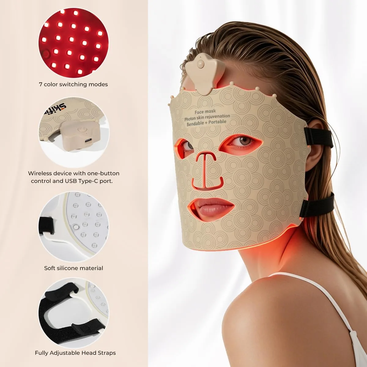 Wireless Photoelectric Beauty Red Light Mask Sustainable, Rechargeable and Ergonomic Design for Home & Travel (Brown)