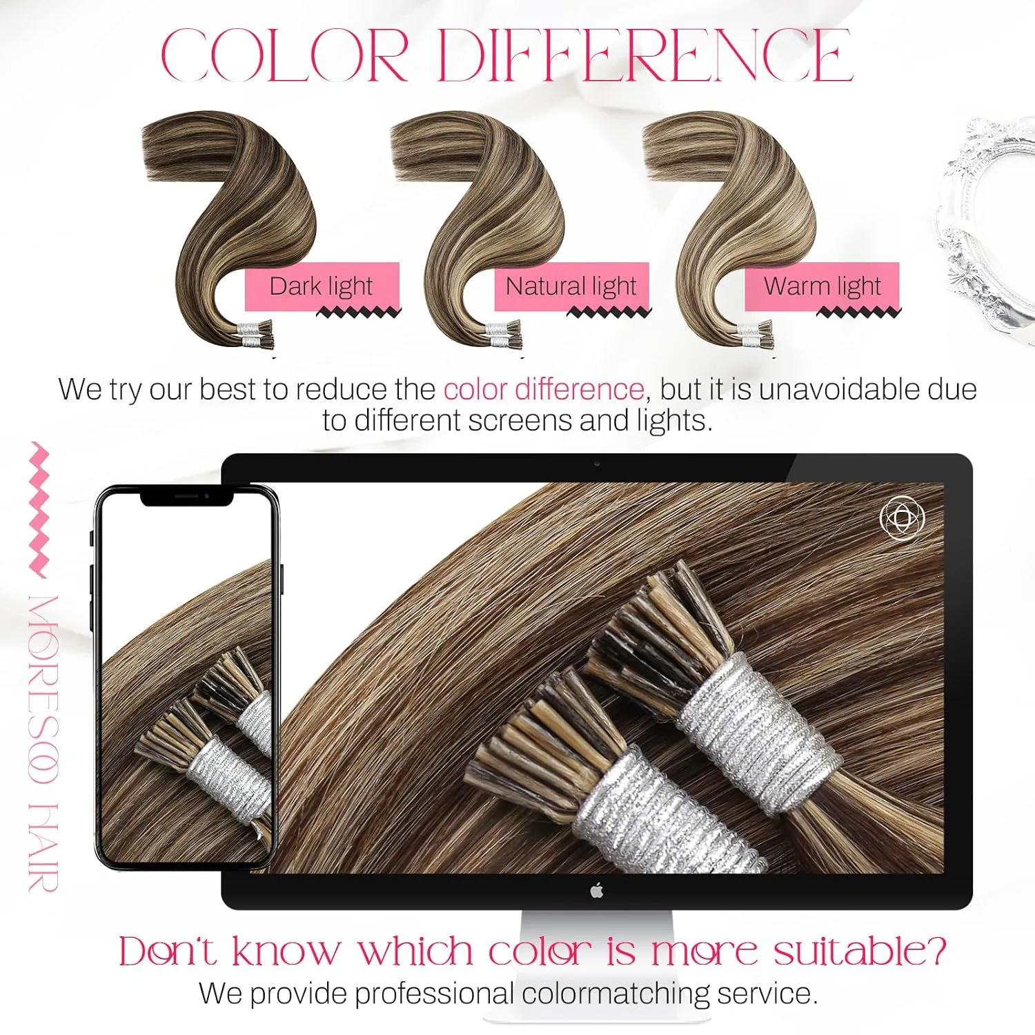 Moresoo I Tip Hair Extensions Human Hair, Brown Caramel Highlight, 20 Inch