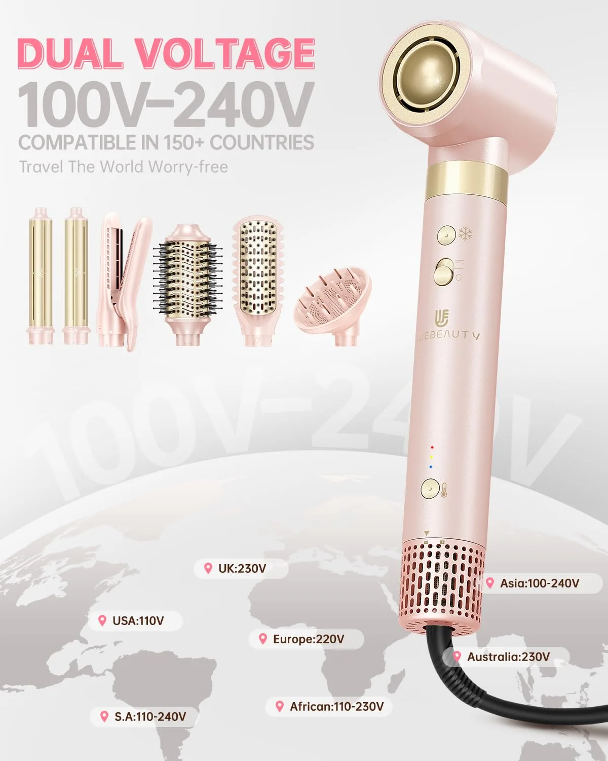 webeauty Hair Dryer Brush 8-in-1 Dual Voltage Hot Air Styler – Fast-Drying 110,000 RPM Ionic Blow Dryer with Straightener & Curler Attachments, Frizz-Free Volumizing Styler with Protective Hard Case-P