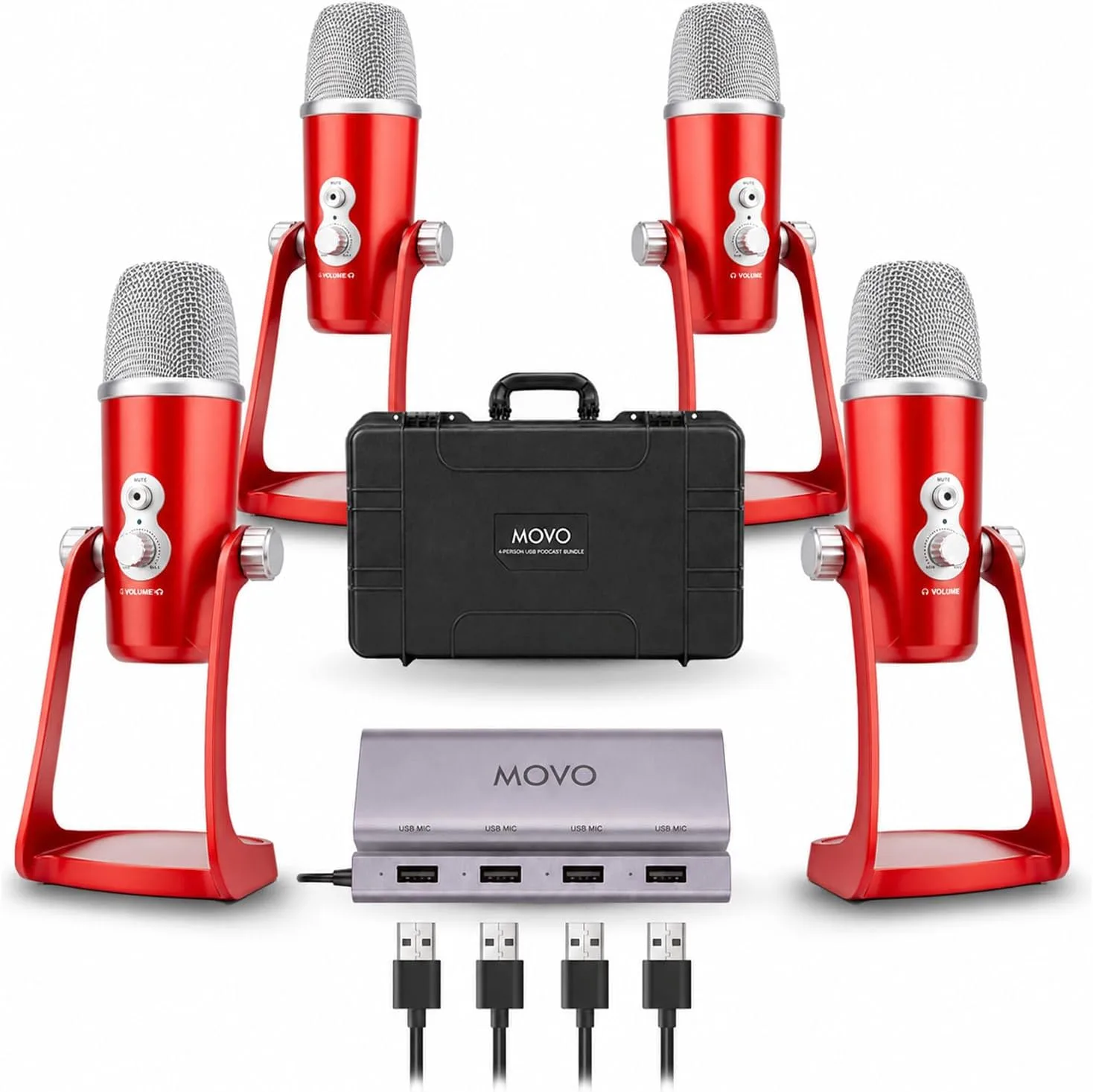 Movo 4-Person USB Podcast Equipment Bundle – 4 Condenser Mics, Hub & Case