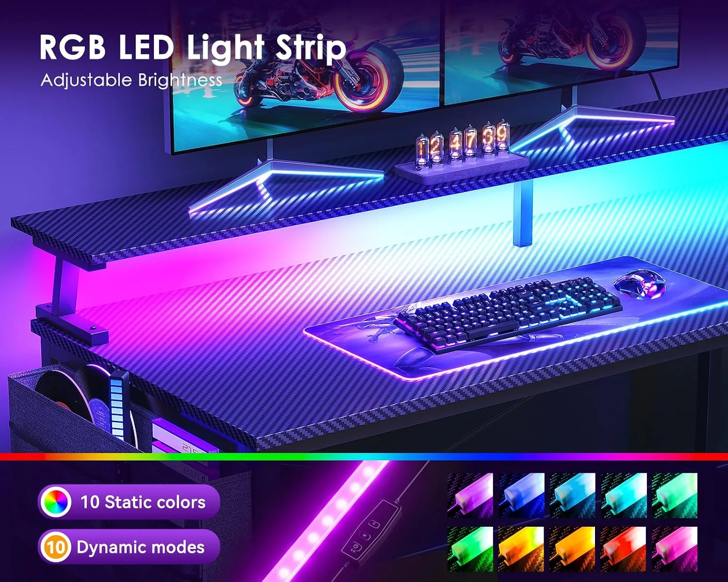 ODK 66 Inch L Shaped Gaming Desk with LED Lights, Power Outlets, Black