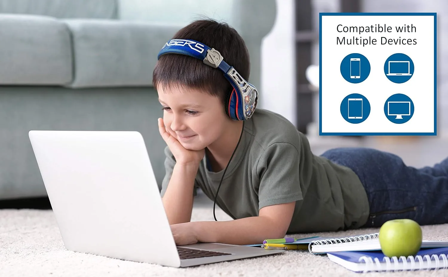 eKids Avengers Headphones for Kids, Wired Headphones for School, Home or Travel, Tangle Free Stereo Earphones with Volume Control, 3.5mm Jack, For Fans of Avengers Merchandise