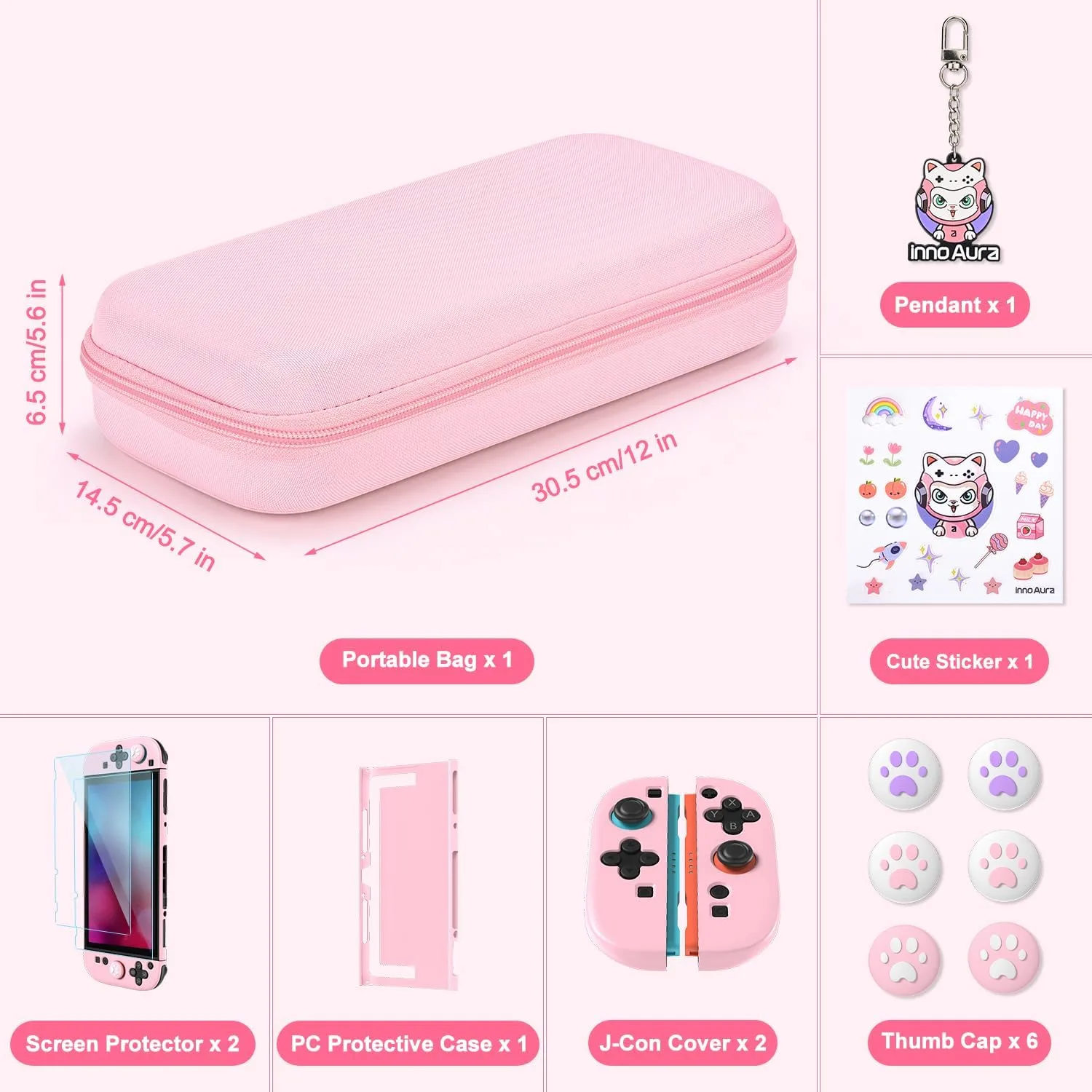 innoAura Switch 2 Case 14-in-1 Bundle for NS Switch 2 (2025), with Carrying Case, Protective Cover, Thumb Grips, Screen Protector, Cute Pendant and Sticker, Pink