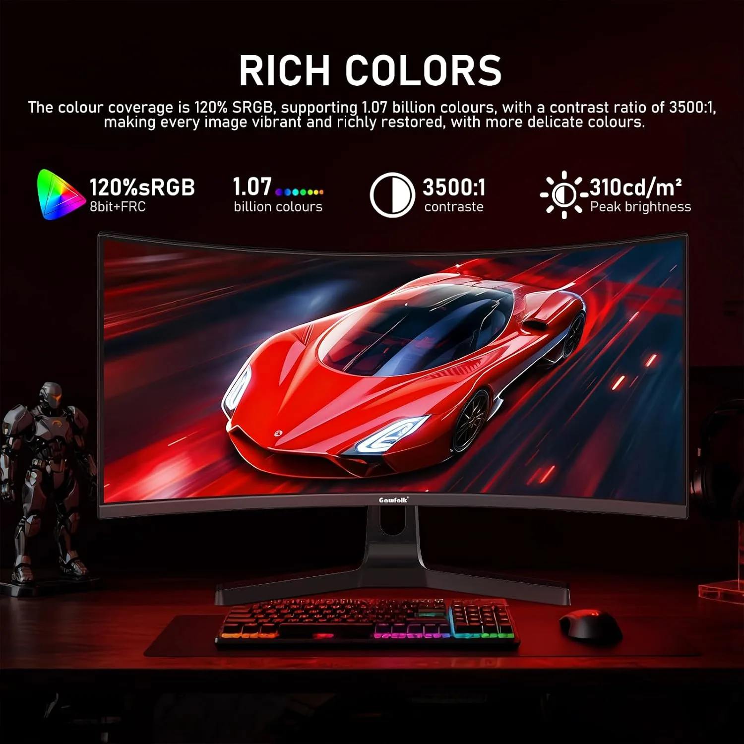 Gawfolk 34 Inch Curved Gaming Monitor 240Hz PC Screen Built-in Speakers