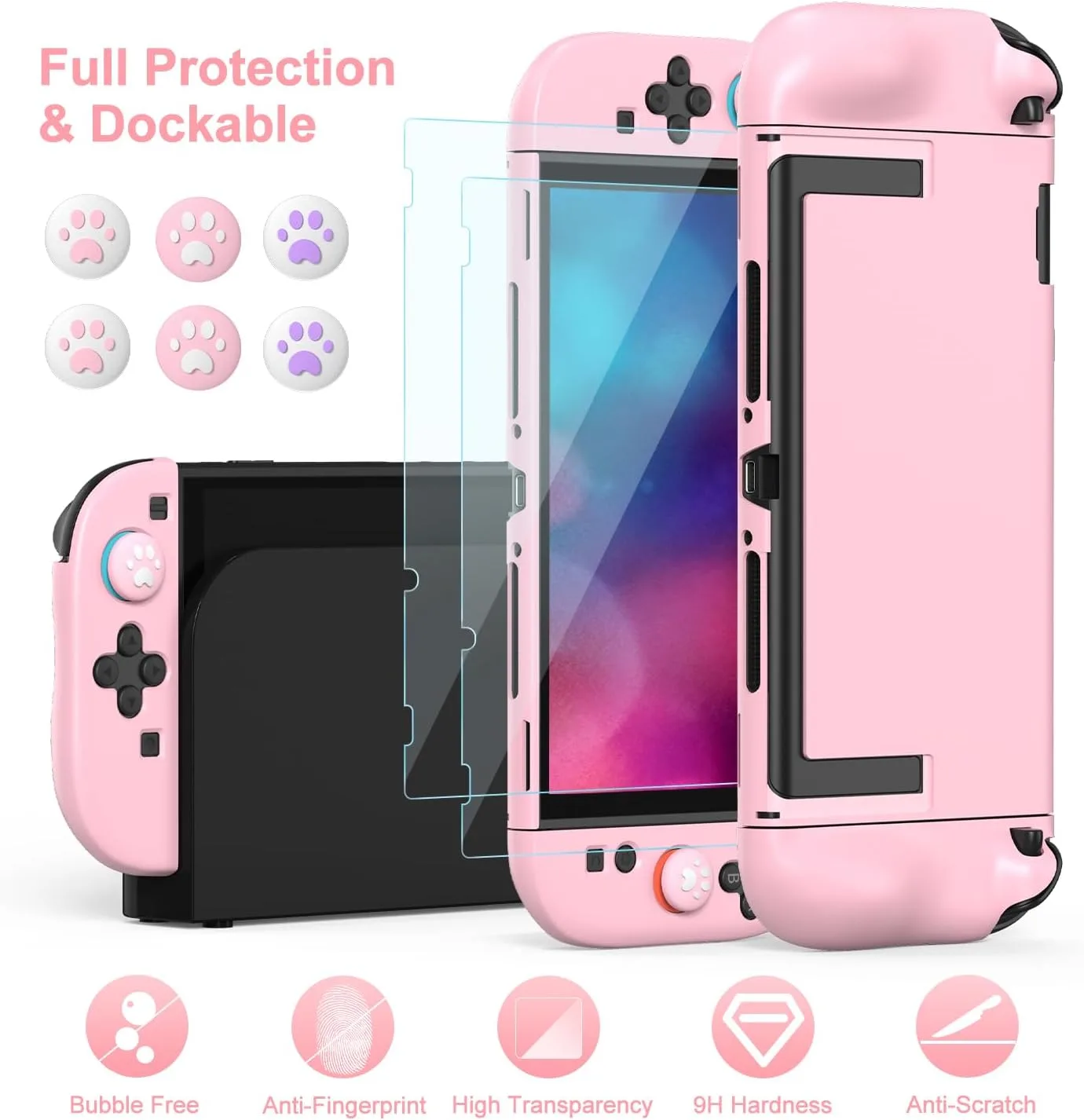 innoAura Switch 2 Case 14-in-1 Bundle for NS Switch 2 (2025), with Carrying Case, Protective Cover, Thumb Grips, Screen Protector, Cute Pendant and Sticker, Pink