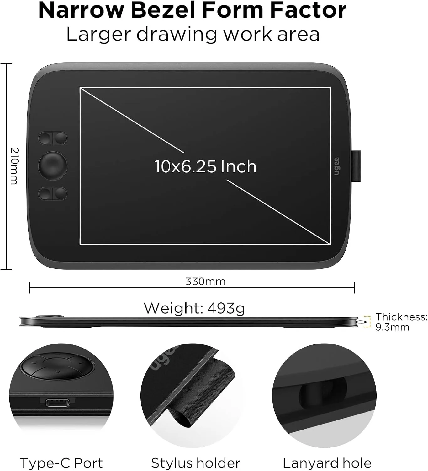UGEE M808 Graphic Tablet 10 x 6.25 Inches with 8 Shortcut Keys, New Generation Stylus with 16K Levels, Drawing Tablet with USB-C Interface Compatible with Windows/Mac/Android