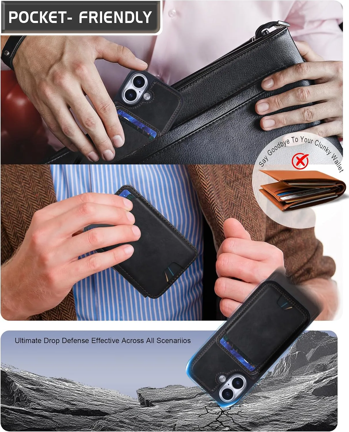 Magnetic Detachable Wallet Case for iPhone 17 with Kickstand,2-in-1 MagSafe Compatible RFID Blocking Card Holder,Slim PU Leather Cover Black