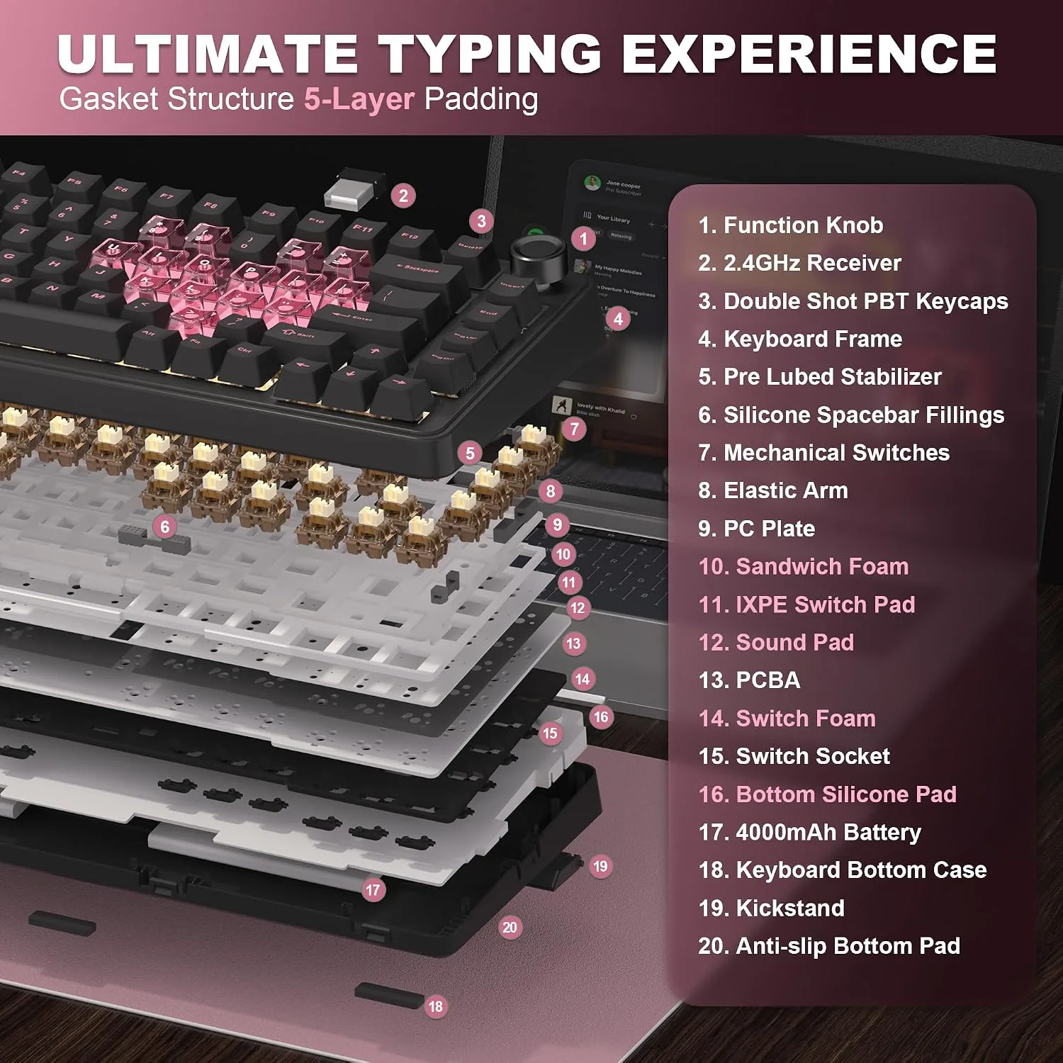 YUNZII B75 PRO 75% Wireless Mechanical Keyboard (Black Heart, CocoaV2)