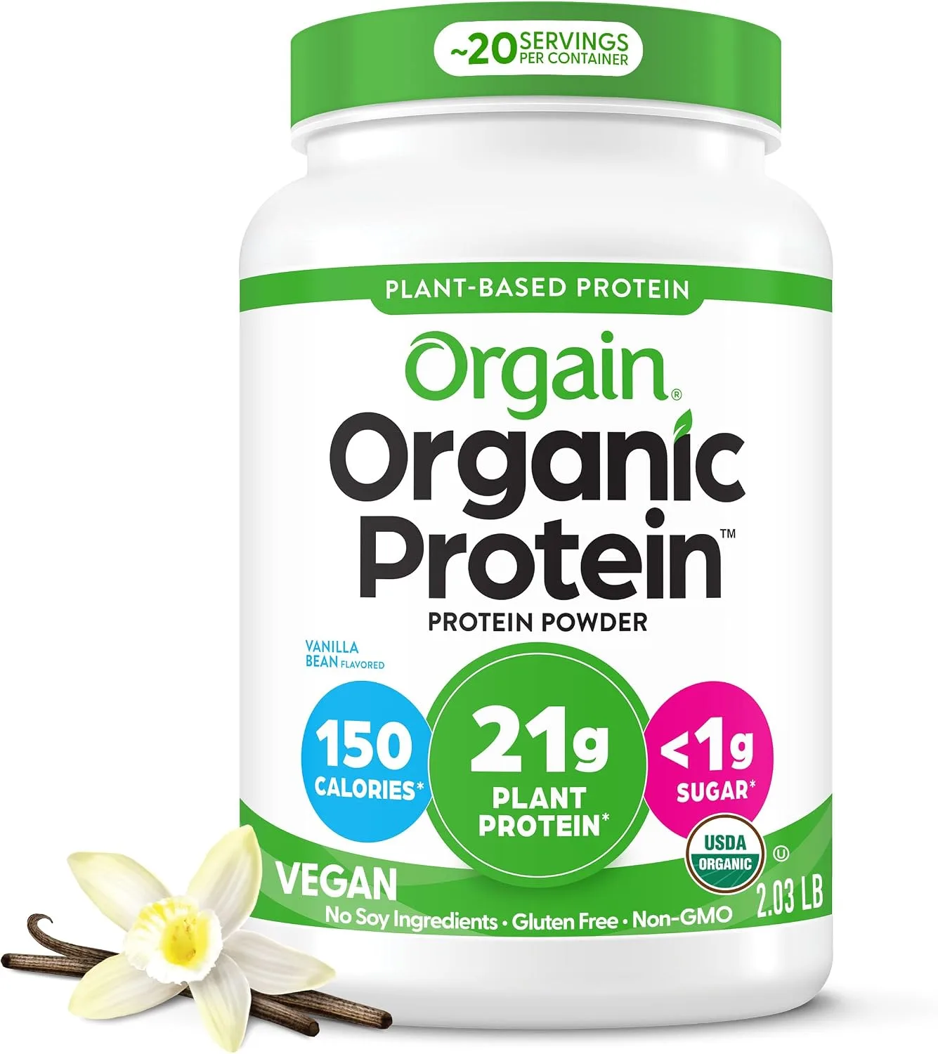 Orgain Organic Vegan 21g Protein Powder, Vanilla Bean, 2.03 lb