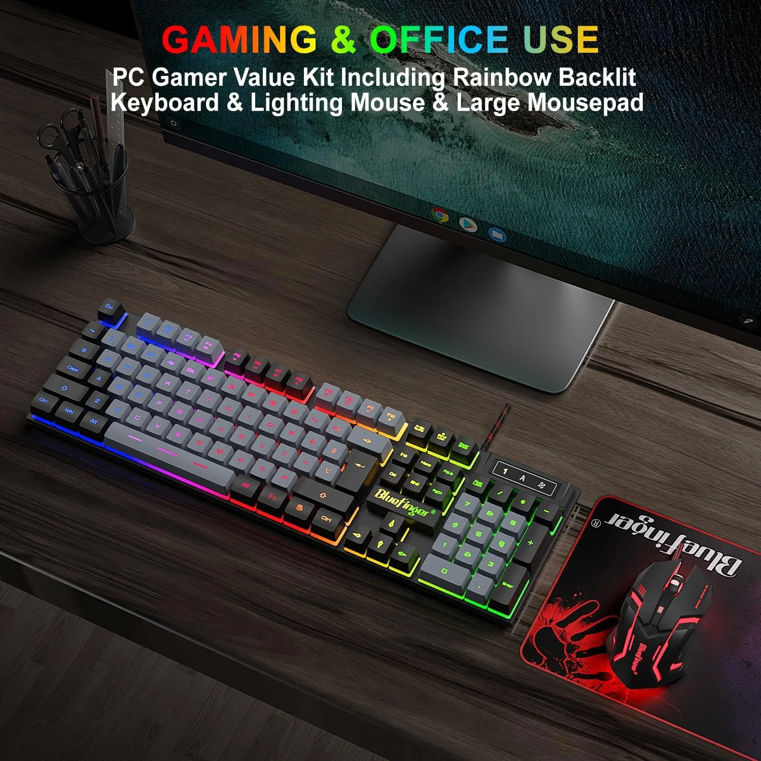 BlueFinger RGB Gaming Keyboard and Backlit Mouse Combo, USB Wired, LED Gaming Set for Laptop PC Computer Game and Work(Black & Gray)