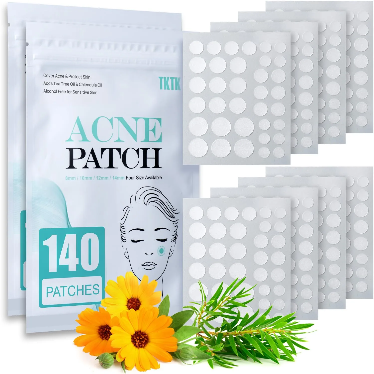 TKTK Pimple Patch Acne Patch, 4 Sizes 280 Patches Acne Absorbing Cover Patch, Hydrocolloid Invisible Acne Patches for Face Zit Patch Acne Dots Tea Tree, Calendula Oil - 2 Pack