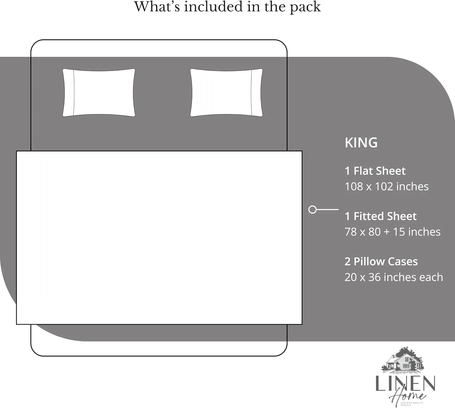 Linen Home 100% Cotton Percale King Sheets, 4Pc Cooling Set Smoky Charcoal