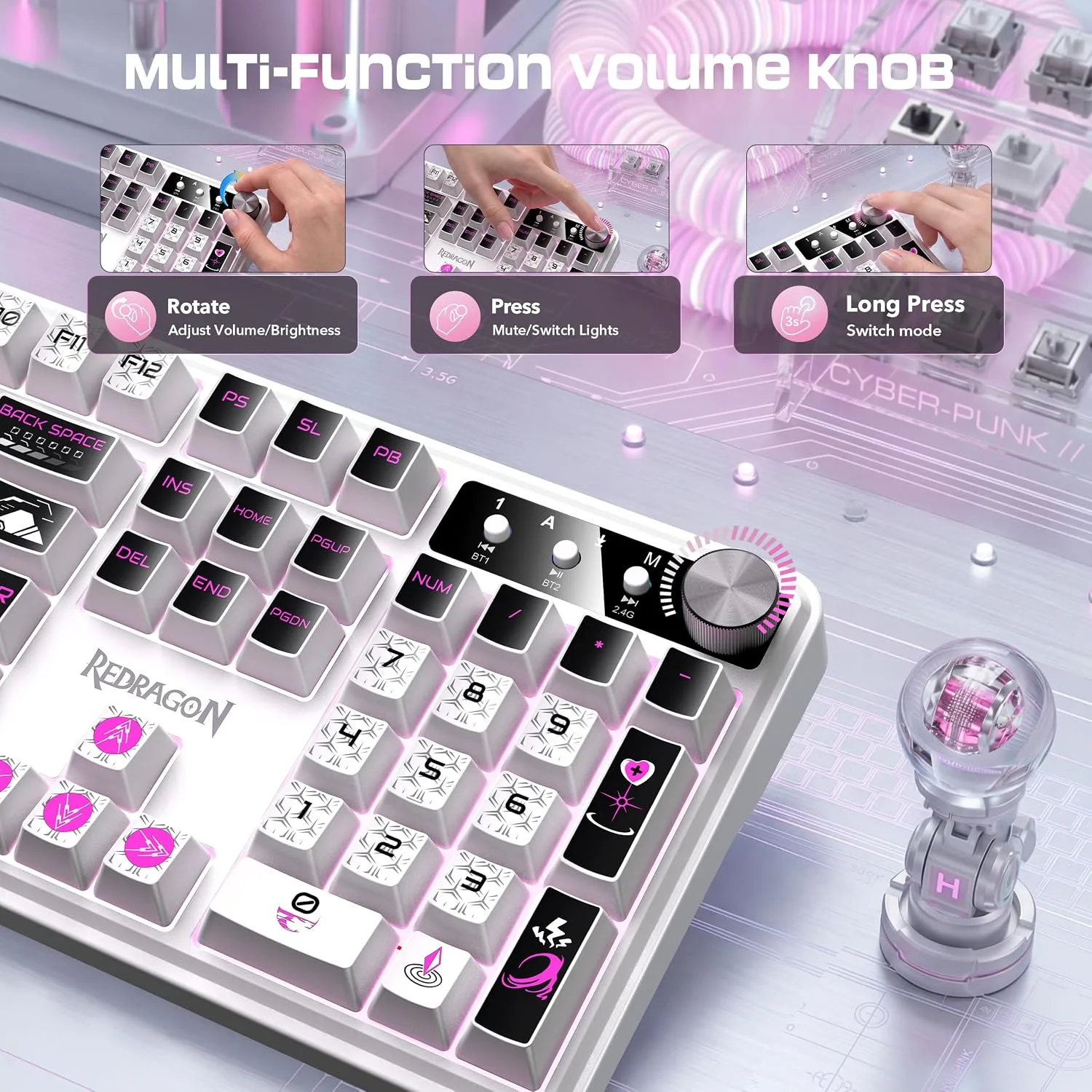 Redragon RM104 Wireless Gaming Keyboard with Knob, Tri-Mode BT/2.4G/USB-C RGB Computer Keyboards, 4000mAh Battery, Programmable Software Support, Anti-Ghosting, Compatible with PC Mac - Pink & White