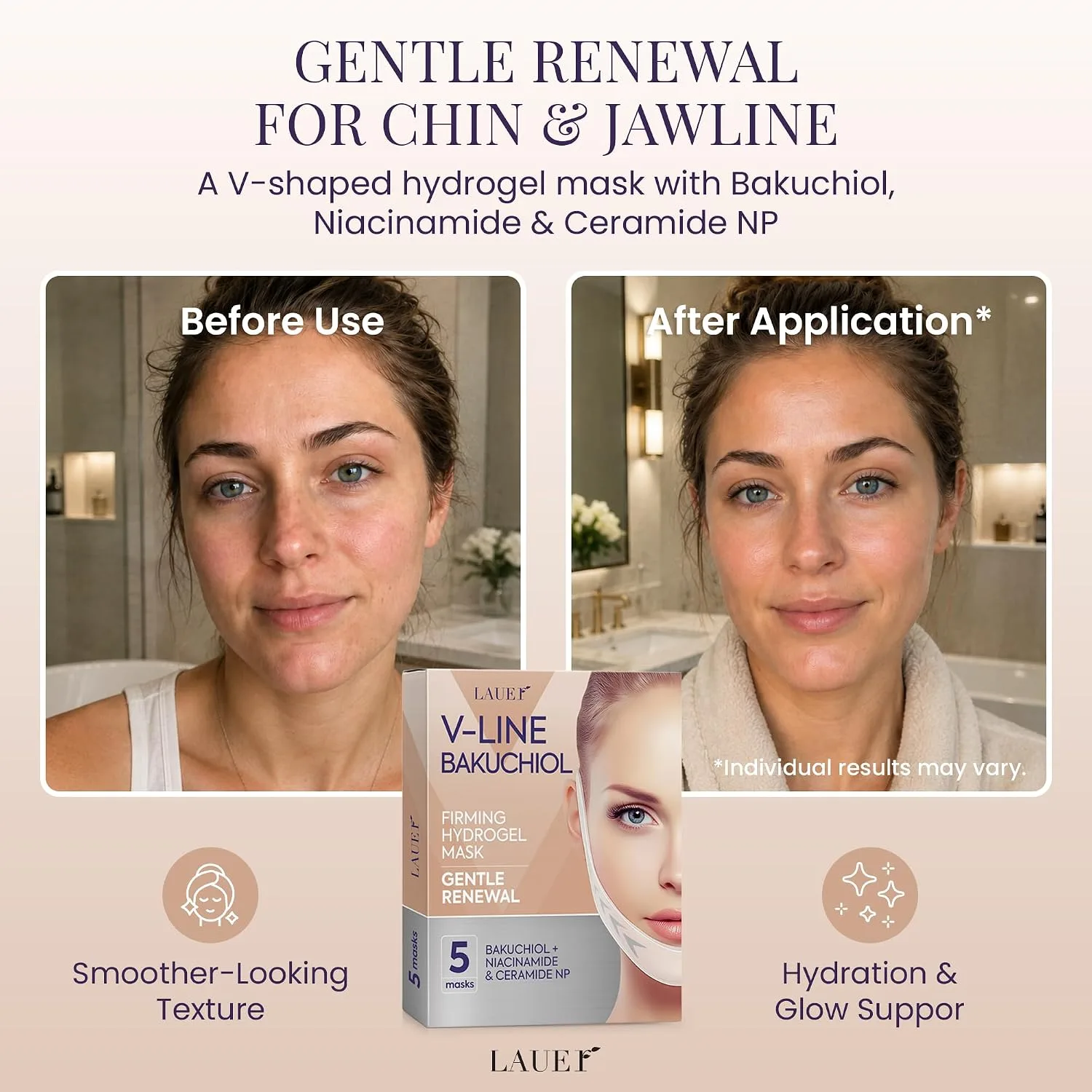 LAUER COSMETIC V-Line Bakuchiol Hydrogel Mask for Chin & Jawline, 5 Count