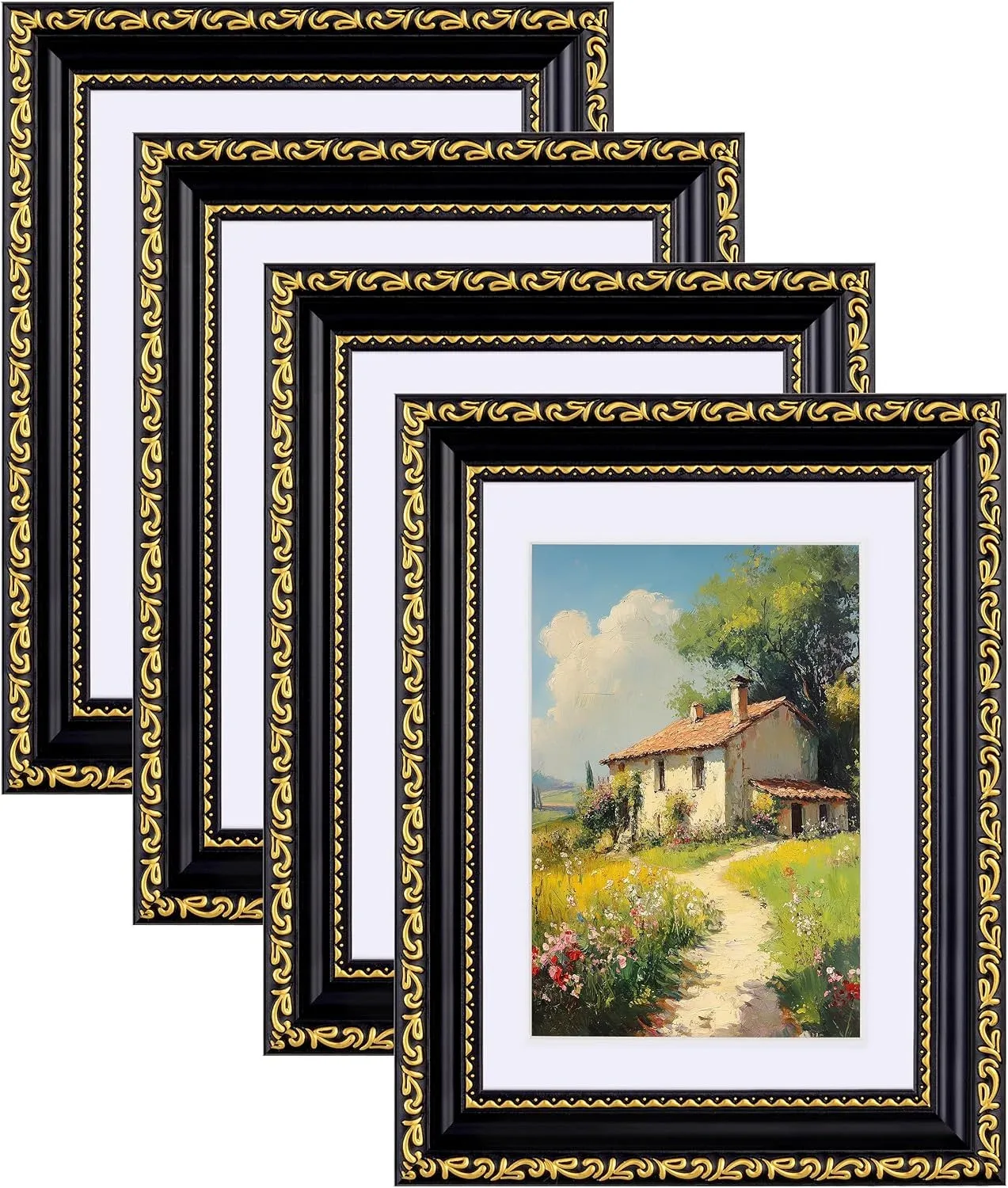 eletecpro 5x7 Vintage Picture Frame, Glass Cover, Black Gold, 4-Pack