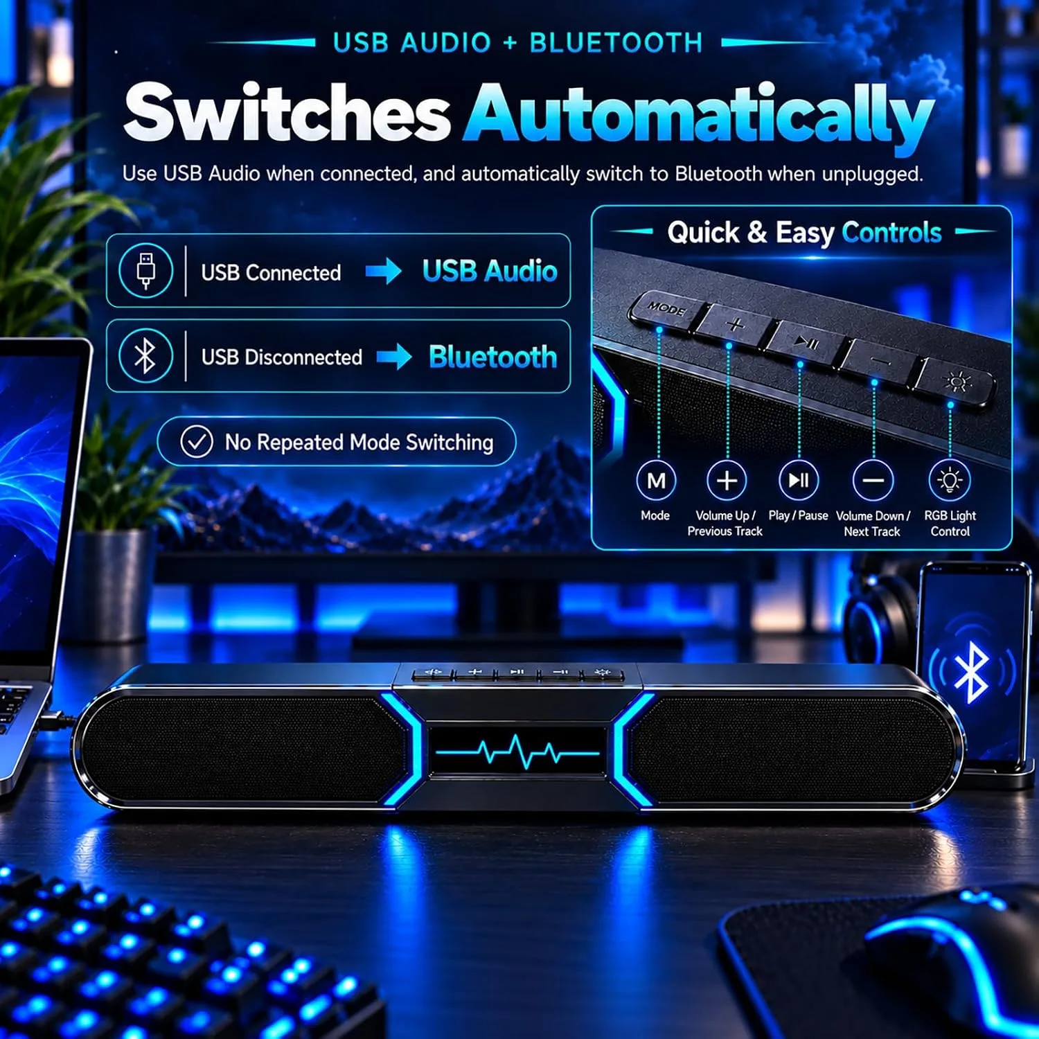 Computer Speakers for Desktop PC, Bluetooth PC Soundbar with Dual Bass Reflex for Monitor, USB Powered RGB Gaming Speakers with USB Wired Input, Stereo Sound for Laptop, Tablet and Desktop Setup